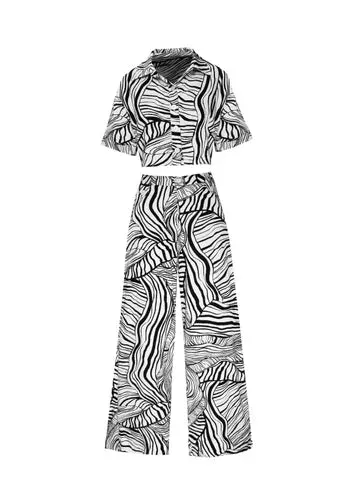 High Fashion Print Co-Ord Set - Midriff Top and High-Waist Trousers