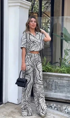 High Fashion Print Co-Ord Set - Midriff Top and High-Waist Trousers