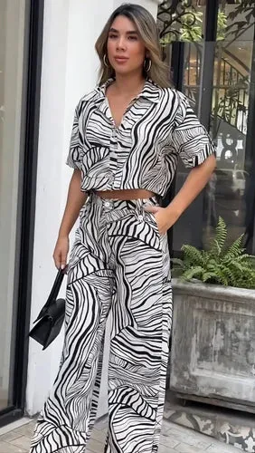 High Fashion Print Co-Ord Set - Midriff Top and High-Waist Trousers