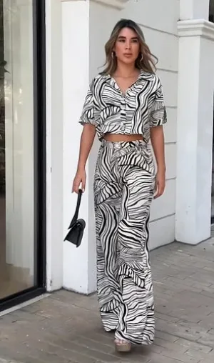 High Fashion Print Co-Ord Set - Midriff Top and High-Waist Trousers