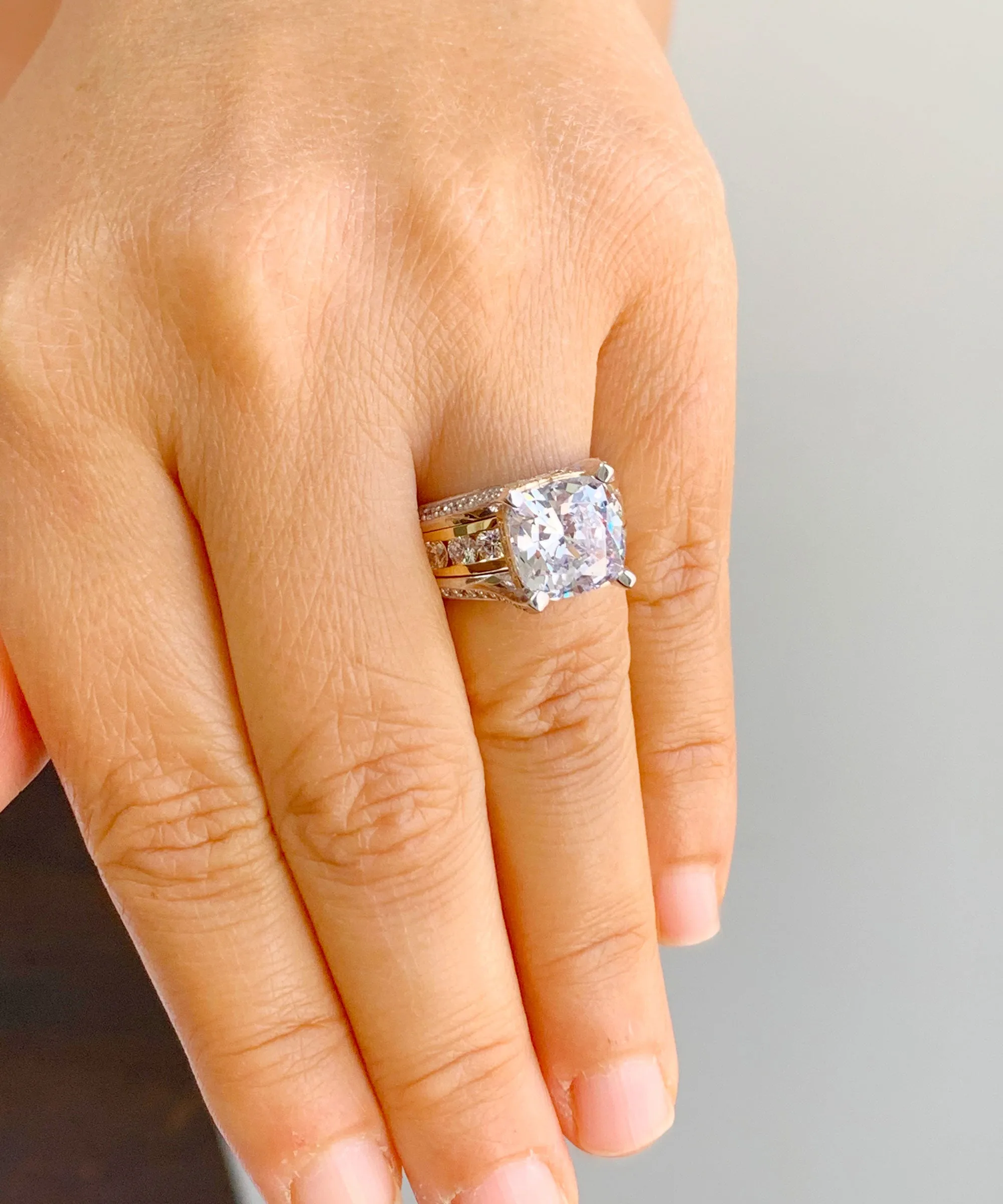 Huge 6.50 Carat Women's 14k solid white and yellow gold cushion cut forever one moissanite and natural round cut diamond engagement ring