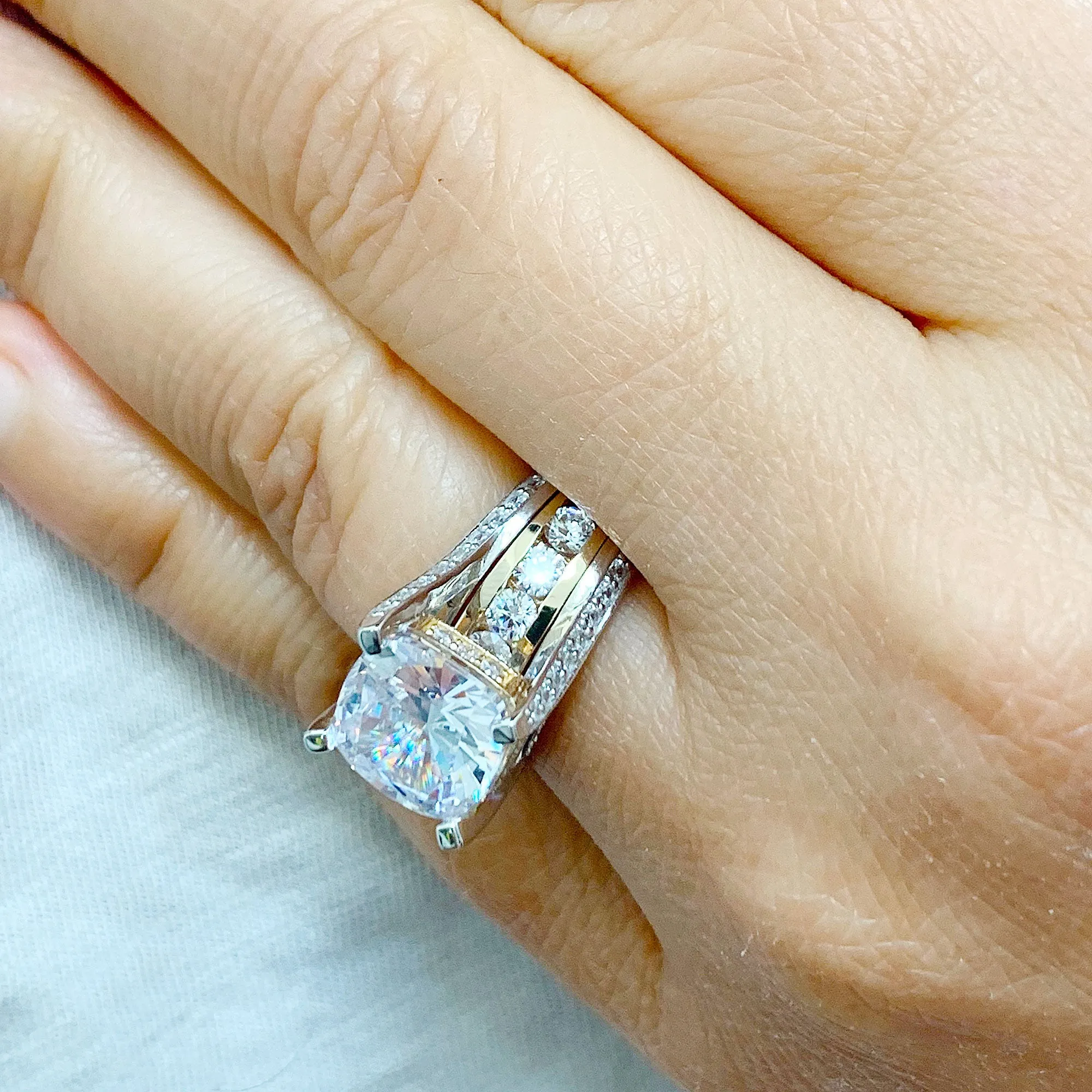 Huge 6.50 Carat Women's 14k solid white and yellow gold cushion cut forever one moissanite and natural round cut diamond engagement ring