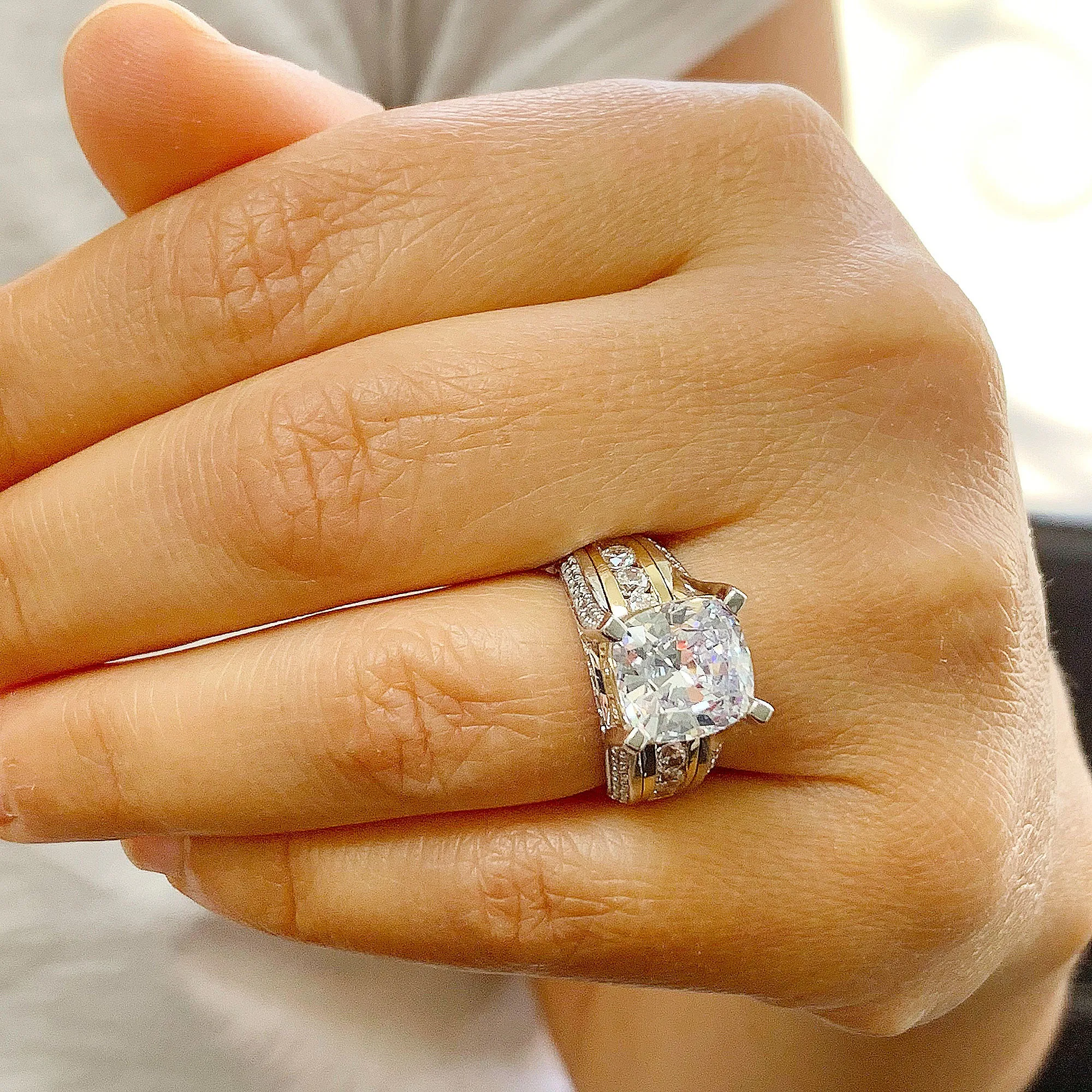 Huge 6.50 Carat Women's 14k solid white and yellow gold cushion cut forever one moissanite and natural round cut diamond engagement ring