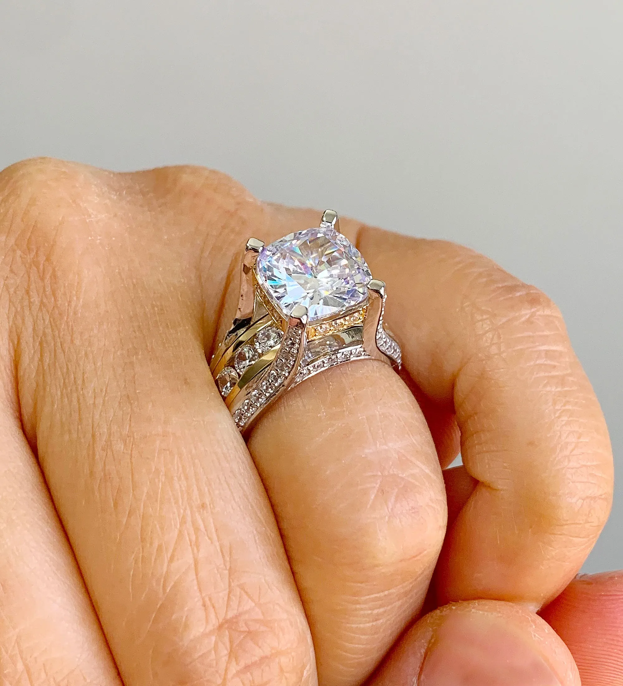 Huge 6.50 Carat Women's 14k solid white and yellow gold cushion cut forever one moissanite and natural round cut diamond engagement ring