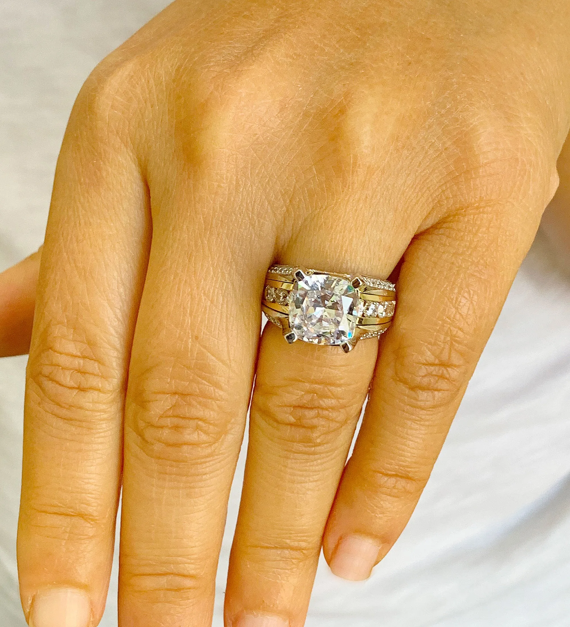 Huge 6.50 Carat Women's 14k solid white and yellow gold cushion cut forever one moissanite and natural round cut diamond engagement ring