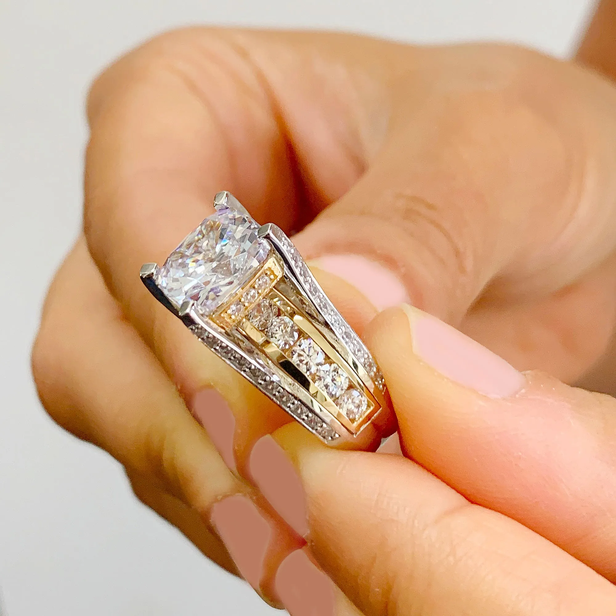 Huge 6.50 Carat Women's 14k solid white and yellow gold cushion cut forever one moissanite and natural round cut diamond engagement ring