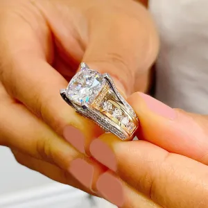 Huge 6.50 Carat Women's 14k solid white and yellow gold cushion cut forever one moissanite and natural round cut diamond engagement ring