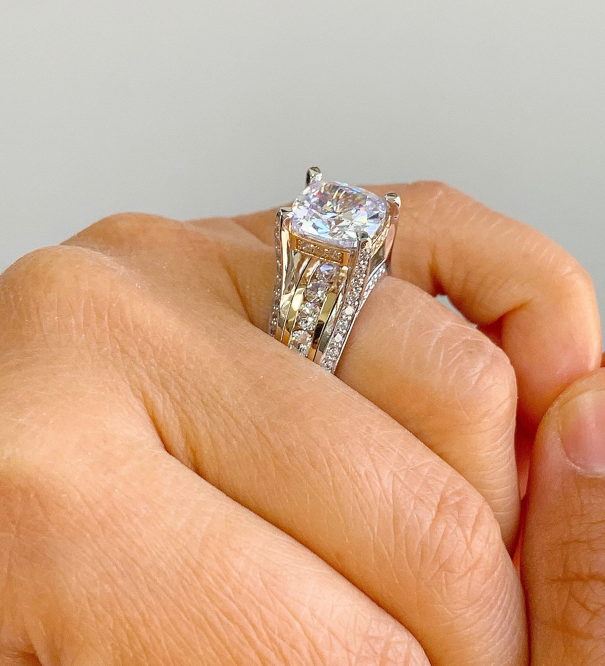 Huge 6.50 Carat Women's 14k solid white and yellow gold cushion cut forever one moissanite and natural round cut diamond engagement ring
