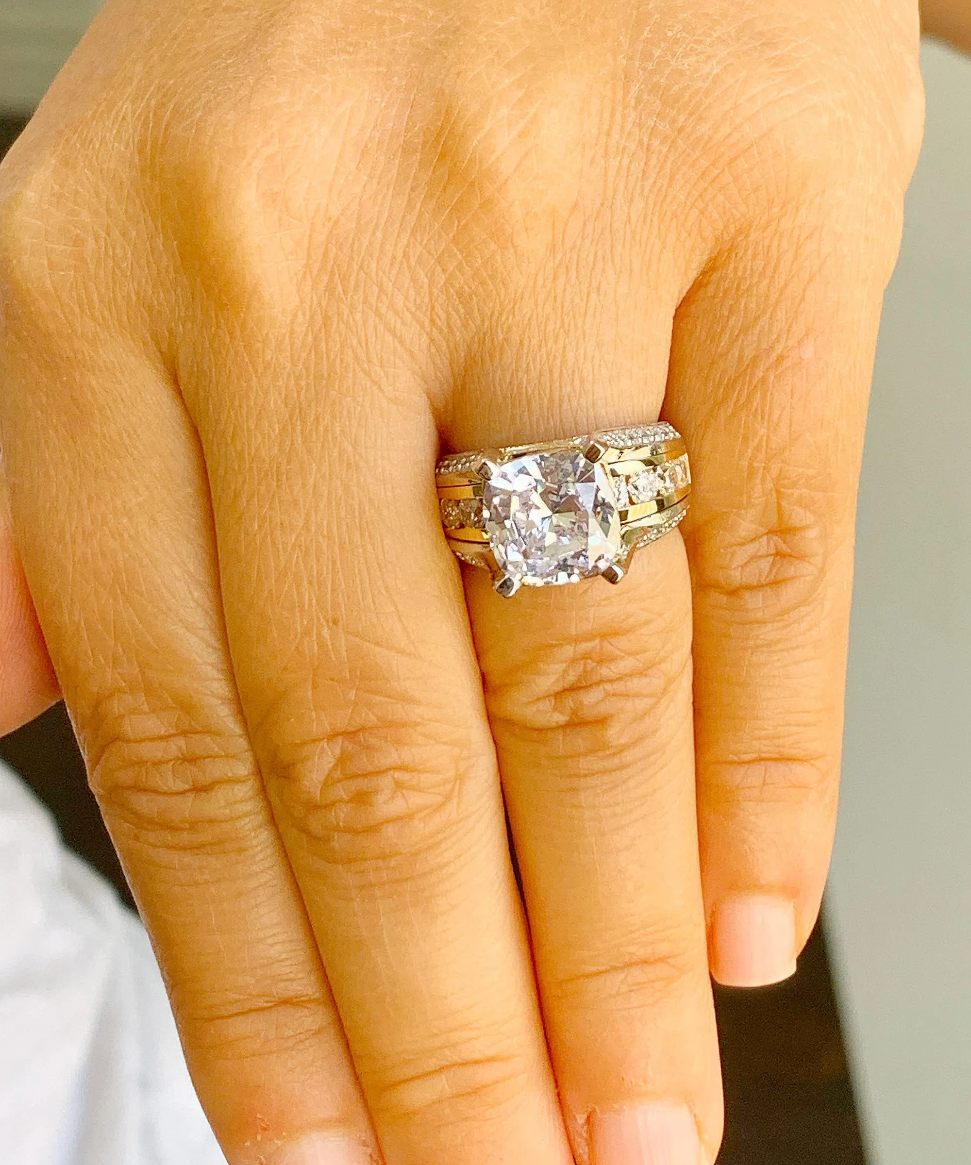 Huge 6.50 Carat Women's 14k solid white and yellow gold cushion cut forever one moissanite and natural round cut diamond engagement ring