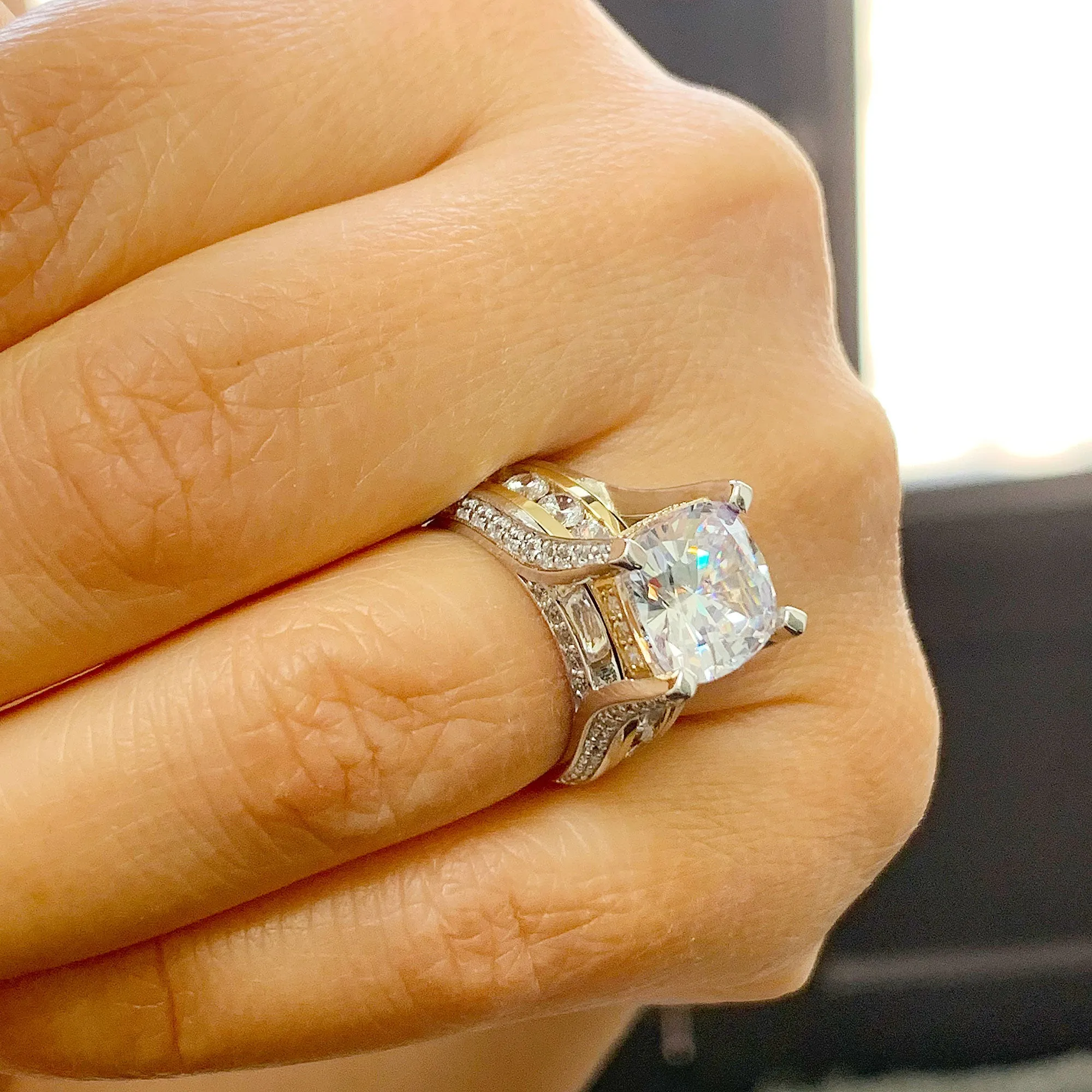 Huge 6.50 Carat Women's 14k solid white and yellow gold cushion cut forever one moissanite and natural round cut diamond engagement ring