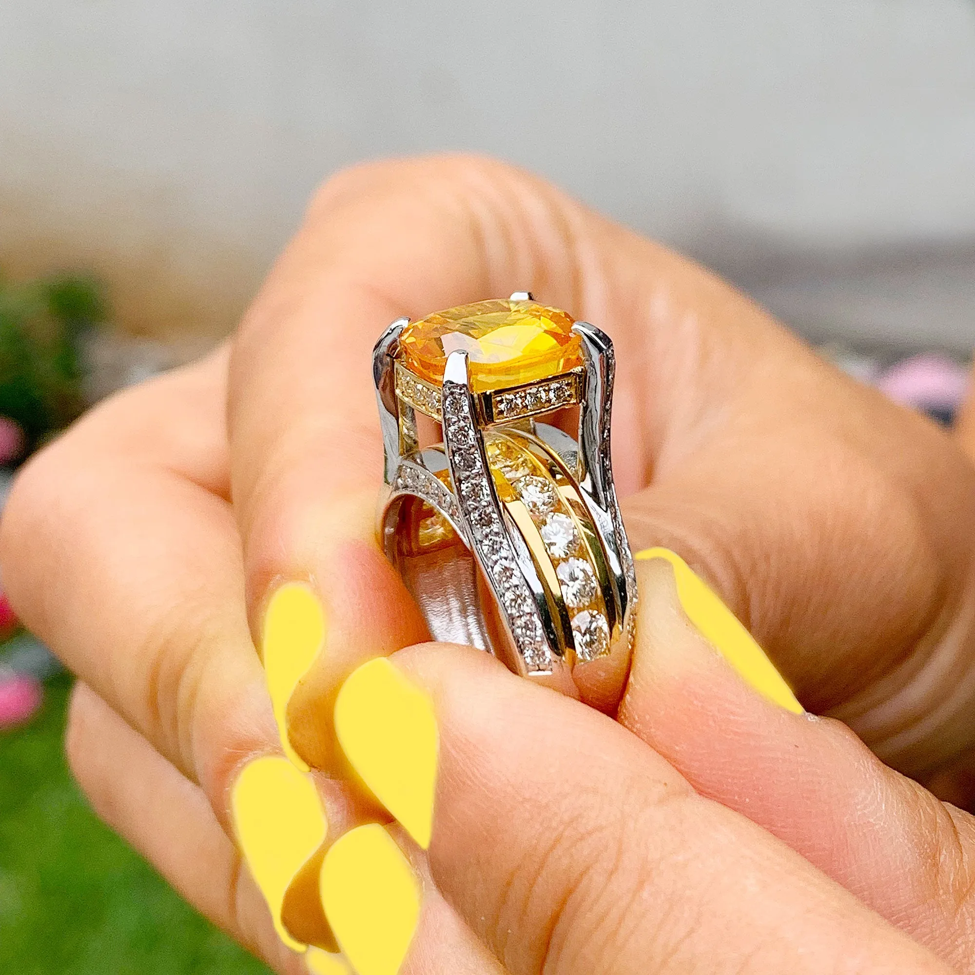 Huge, Women's 14k solid white and yellow gold cushion cut yellow citrine and natural diamond engagement ring Bridal Wedding 4.80ctw