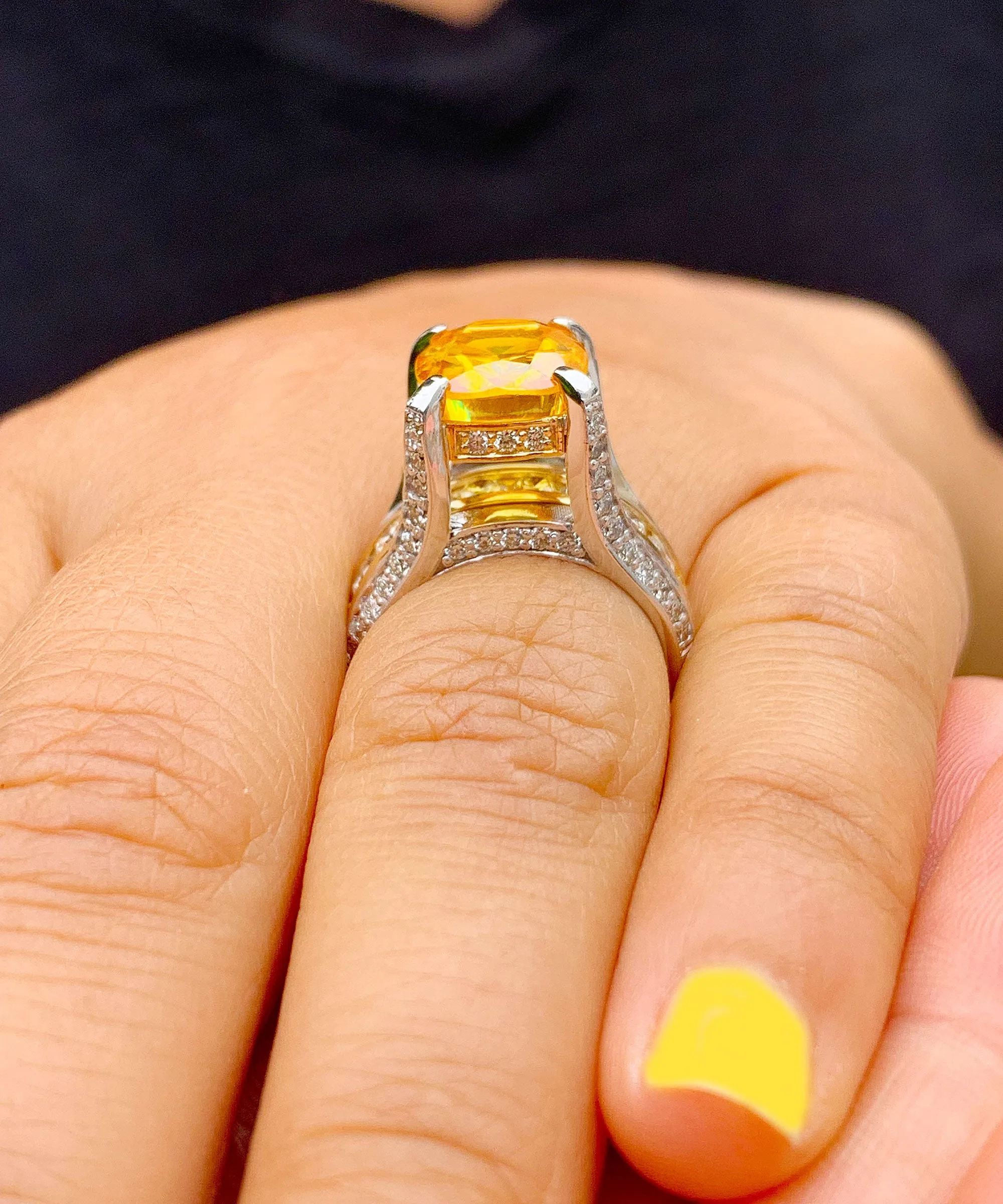 Huge, Women's 14k solid white and yellow gold cushion cut yellow citrine and natural diamond engagement ring Bridal Wedding 4.80ctw