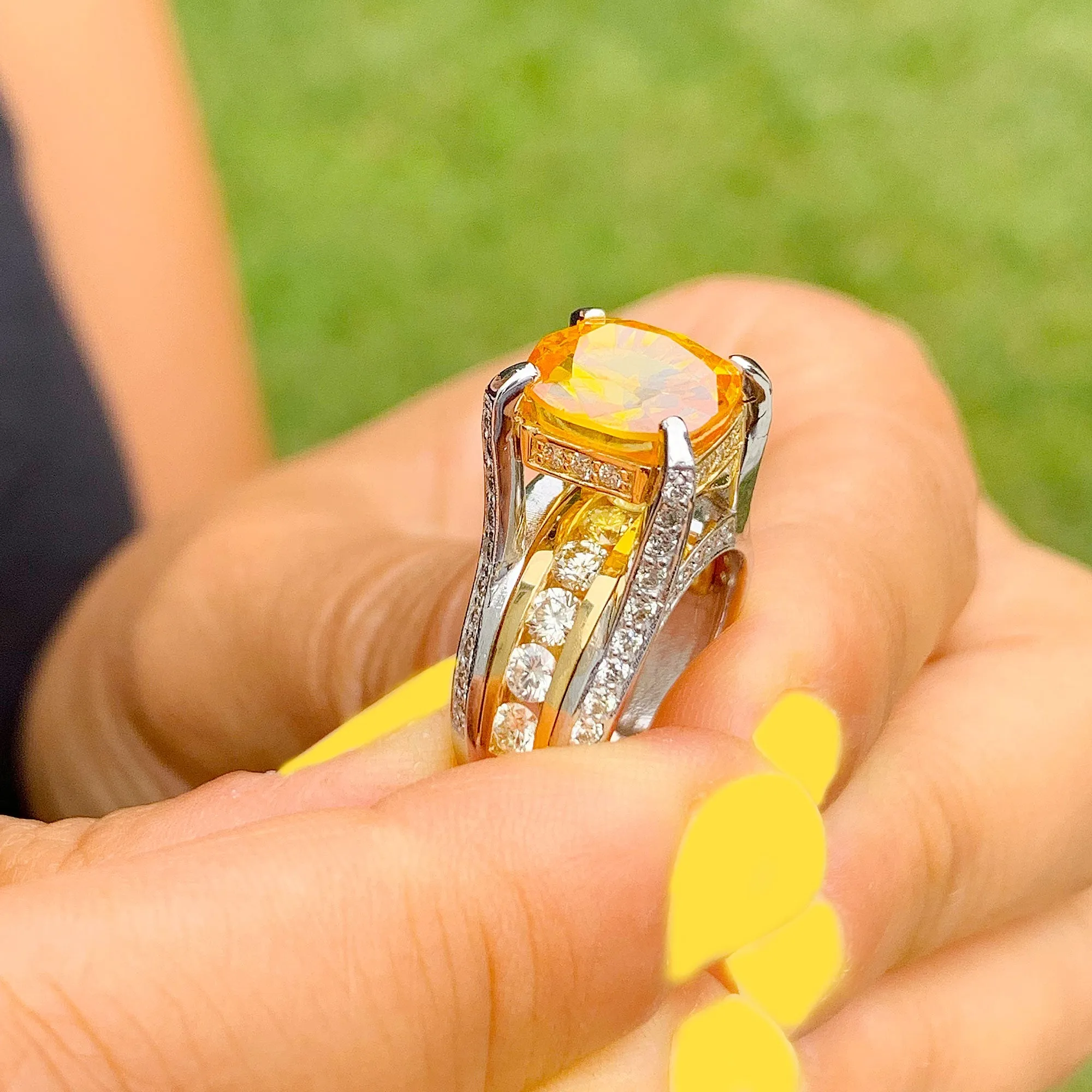 Huge, Women's 14k solid white and yellow gold cushion cut yellow citrine and natural diamond engagement ring Bridal Wedding 4.80ctw