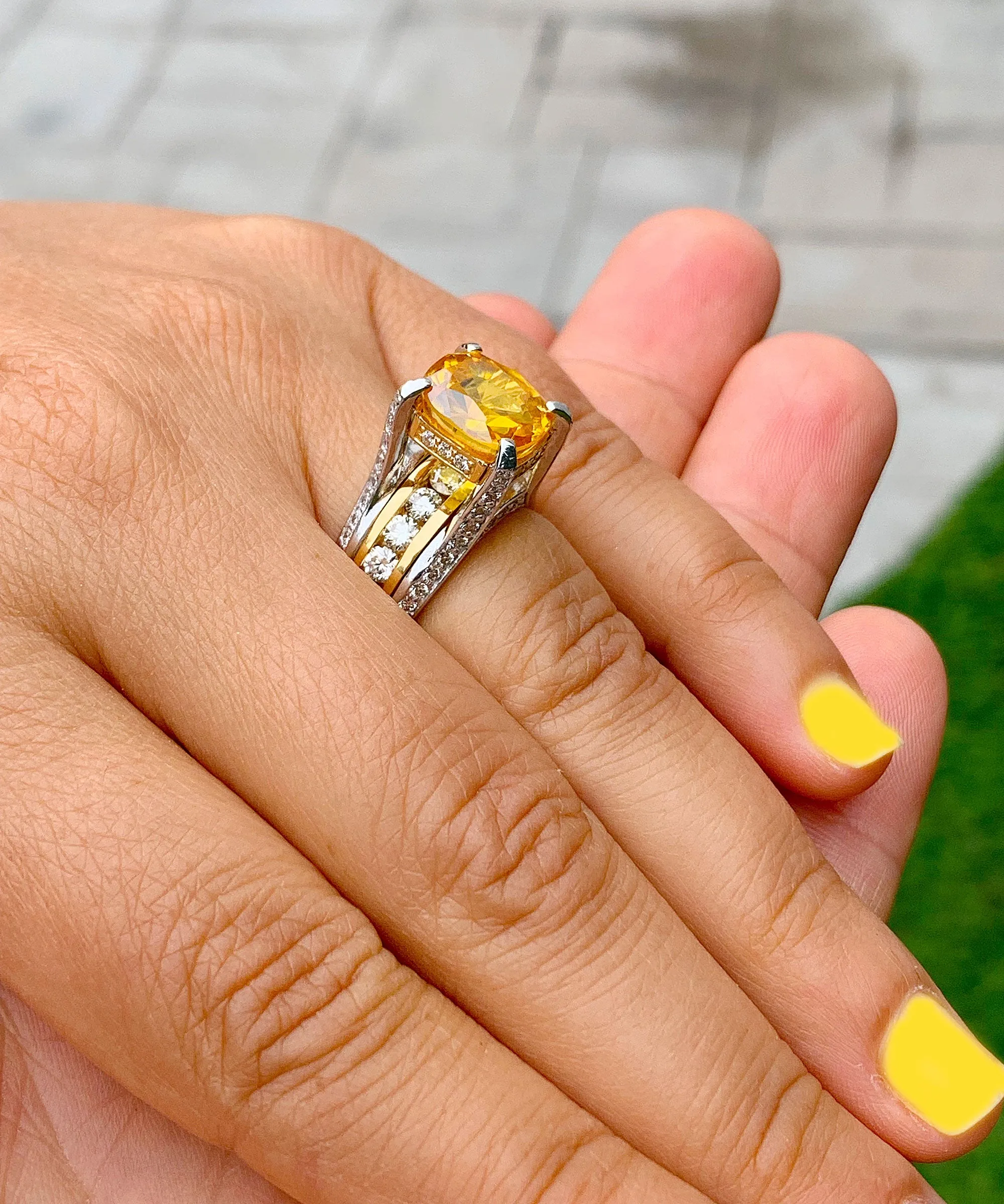 Huge, Women's 14k solid white and yellow gold cushion cut yellow citrine and natural diamond engagement ring Bridal Wedding 4.80ctw