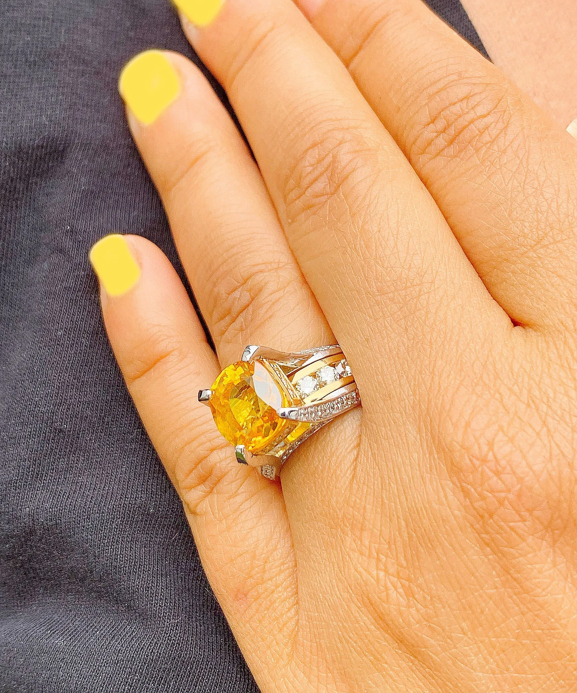 Huge, Women's 14k solid white and yellow gold cushion cut yellow citrine and natural diamond engagement ring Bridal Wedding 4.80ctw