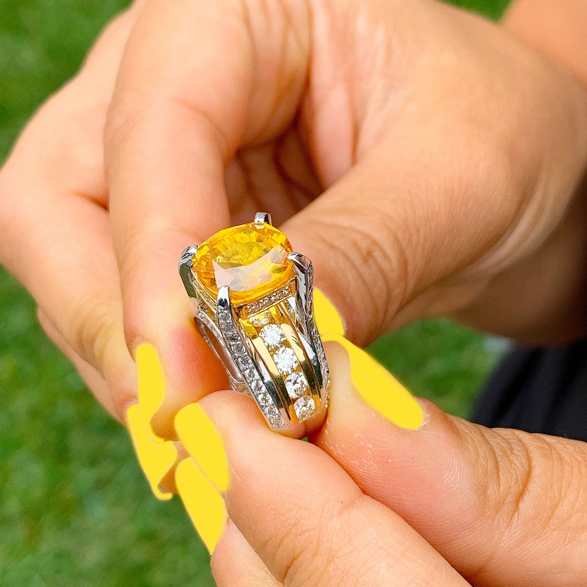 Huge, Women's 14k solid white and yellow gold cushion cut yellow citrine and natural diamond engagement ring Bridal Wedding 4.80ctw