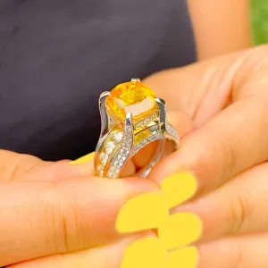 Huge, Women's 14k solid white and yellow gold cushion cut yellow citrine and natural diamond engagement ring Bridal Wedding 4.80ctw