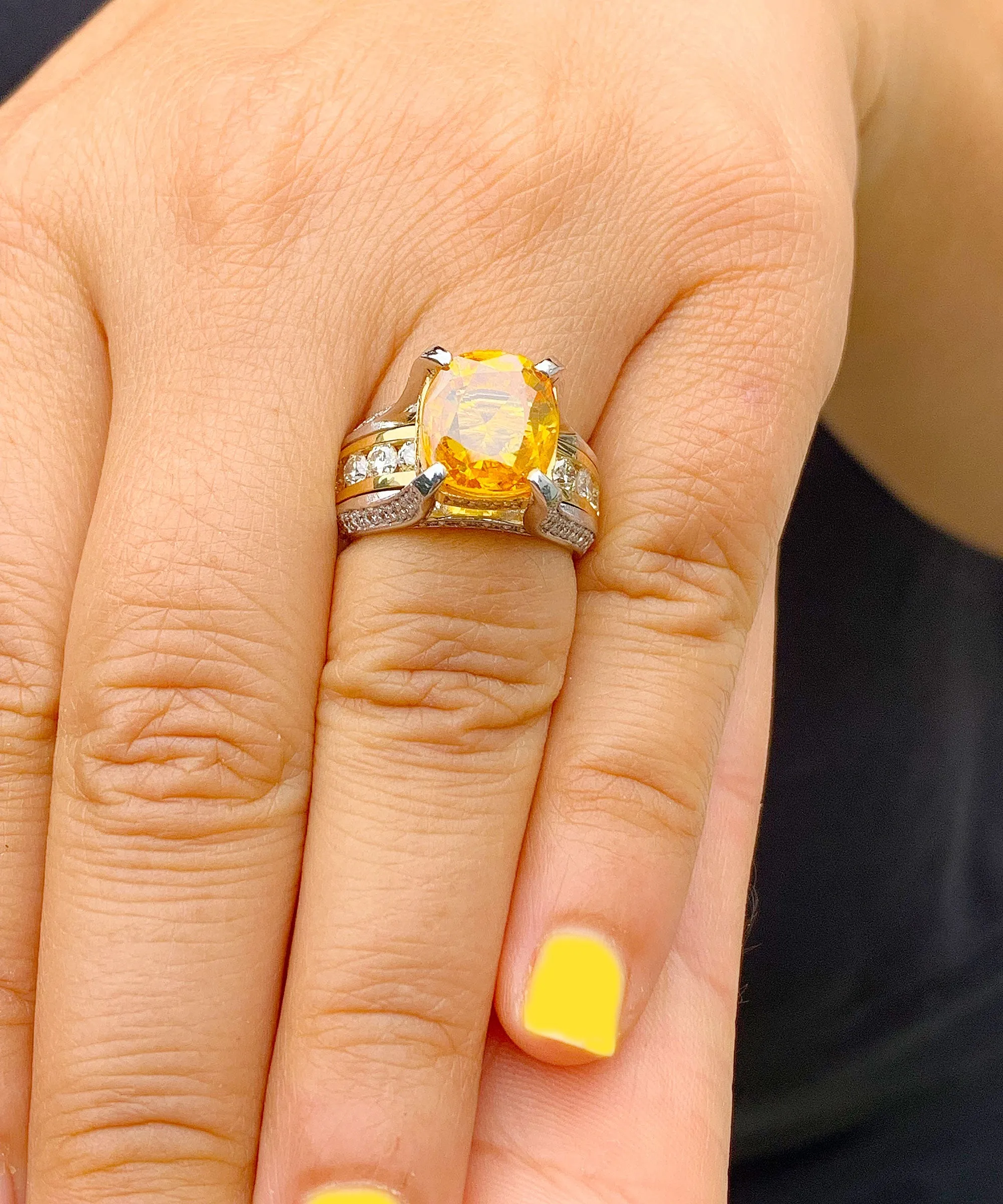 Huge, Women's 14k solid white and yellow gold cushion cut yellow citrine and natural diamond engagement ring Bridal Wedding 4.80ctw