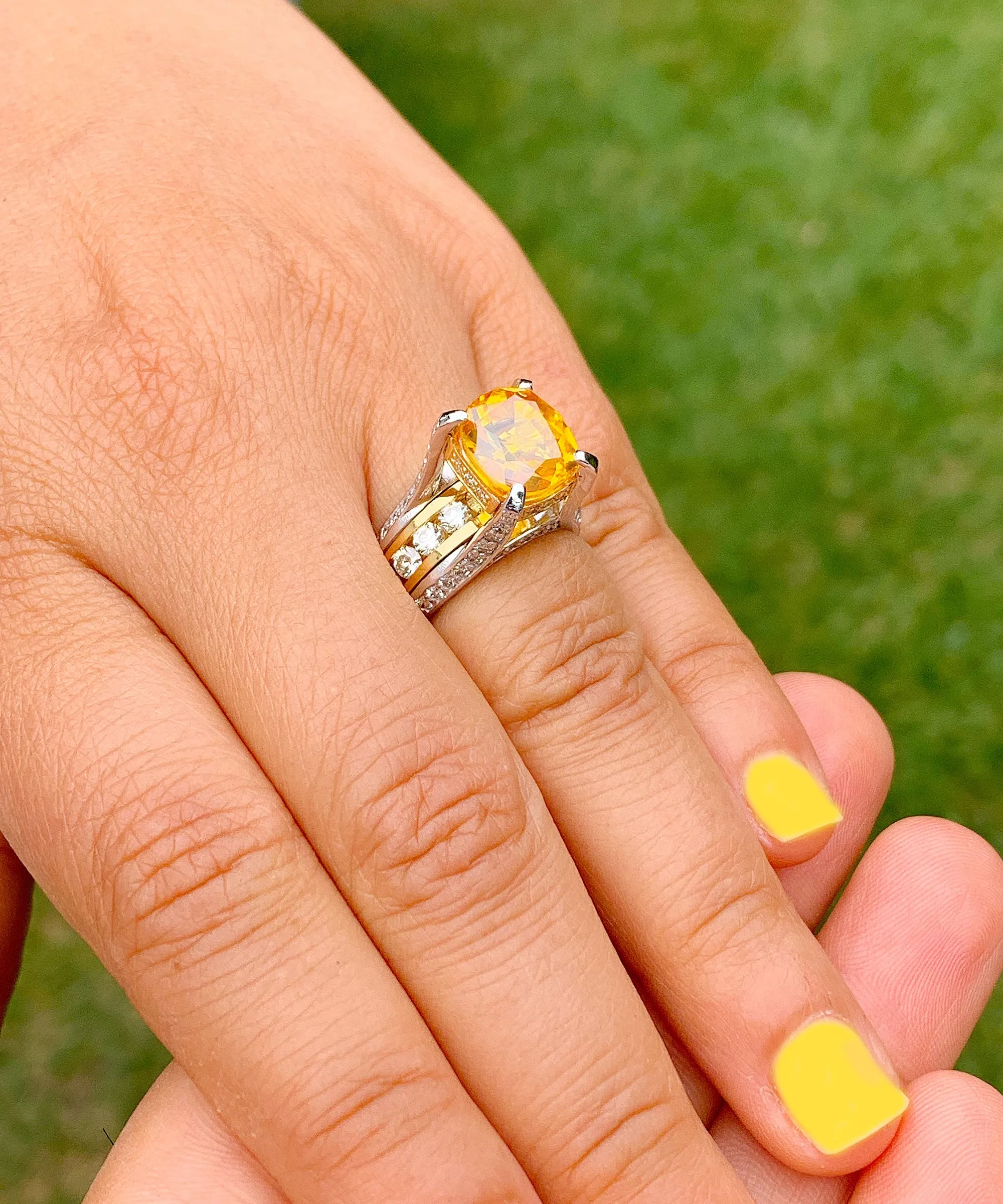 Huge, Women's 14k solid white and yellow gold cushion cut yellow citrine and natural diamond engagement ring Bridal Wedding 4.80ctw