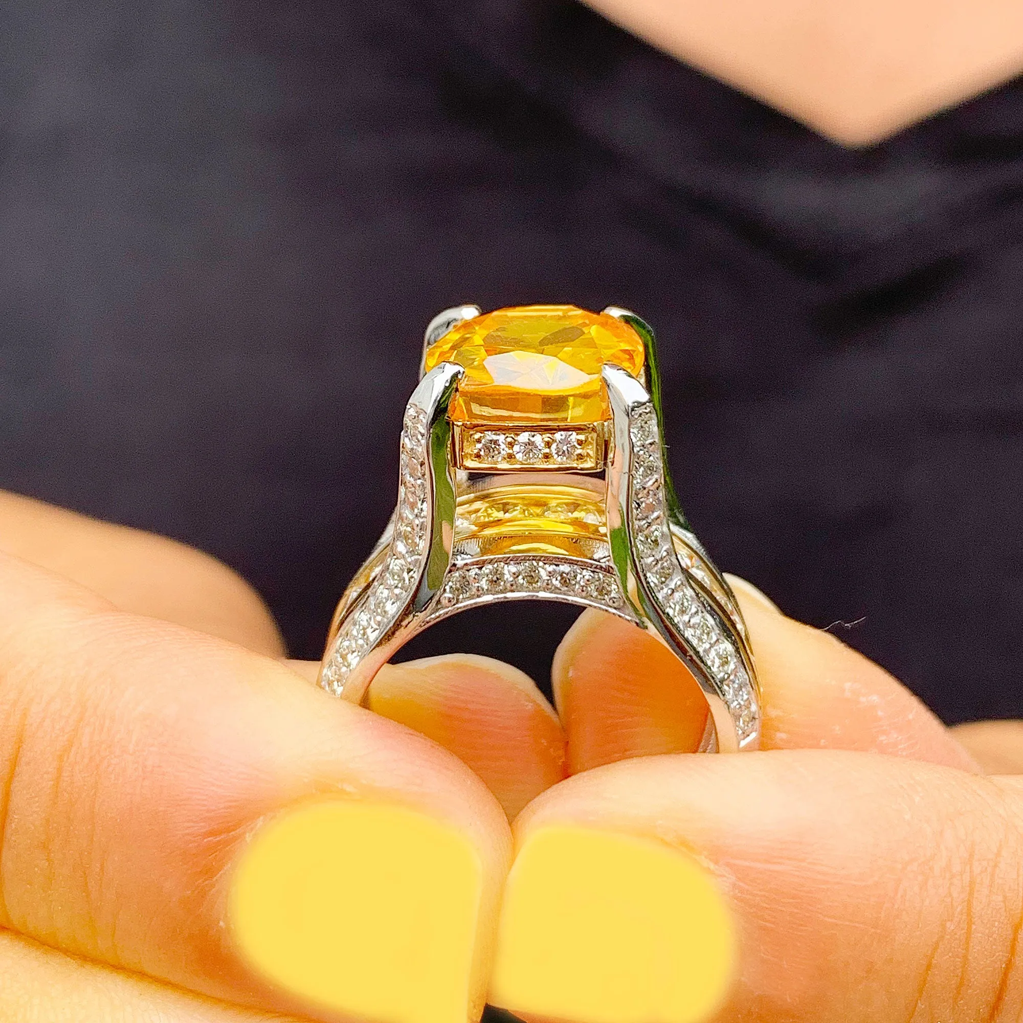 Huge, Women's 14k solid white and yellow gold cushion cut yellow citrine and natural diamond engagement ring Bridal Wedding 4.80ctw