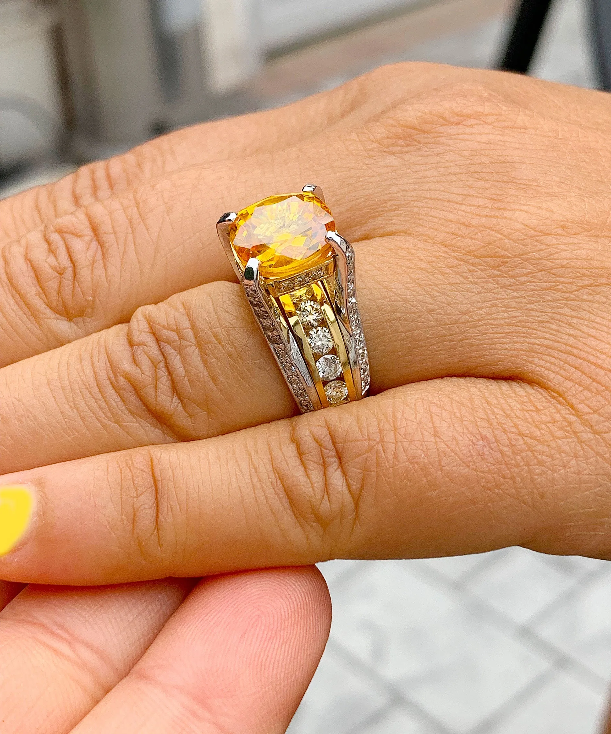 Huge, Women's 14k solid white and yellow gold cushion cut yellow citrine and natural diamond engagement ring Bridal Wedding 4.80ctw