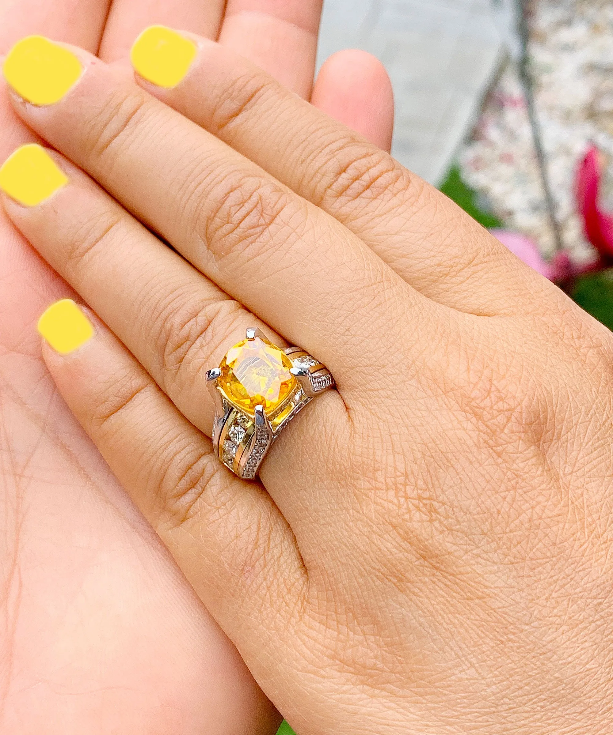 Huge, Women's 14k solid white and yellow gold cushion cut yellow citrine and natural diamond engagement ring Bridal Wedding 4.80ctw