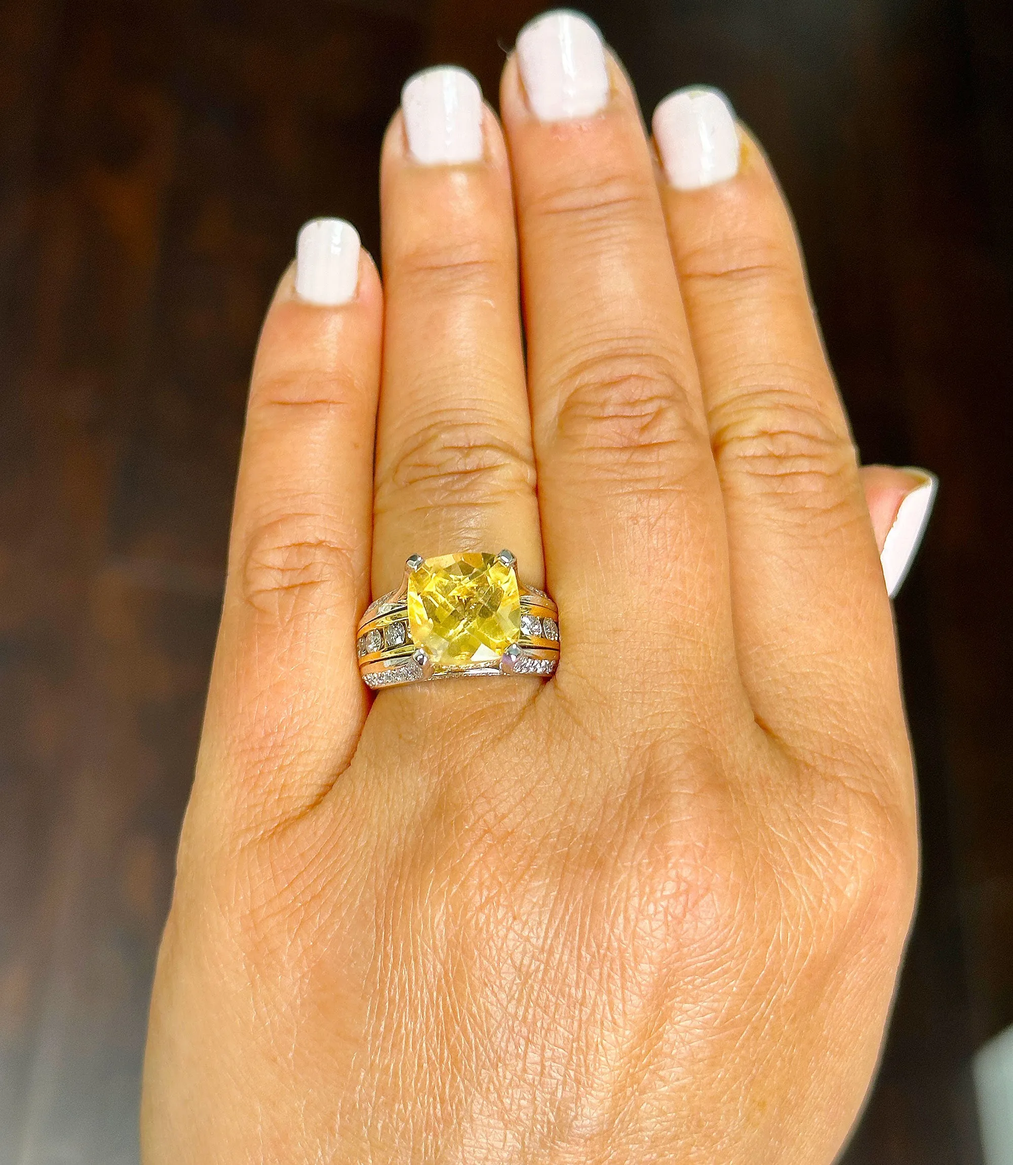Huge, Women's 14k solid white and yellow gold cushion cut yellow citrine and natural diamond engagement ring Bridal Wedding 5.80ctw