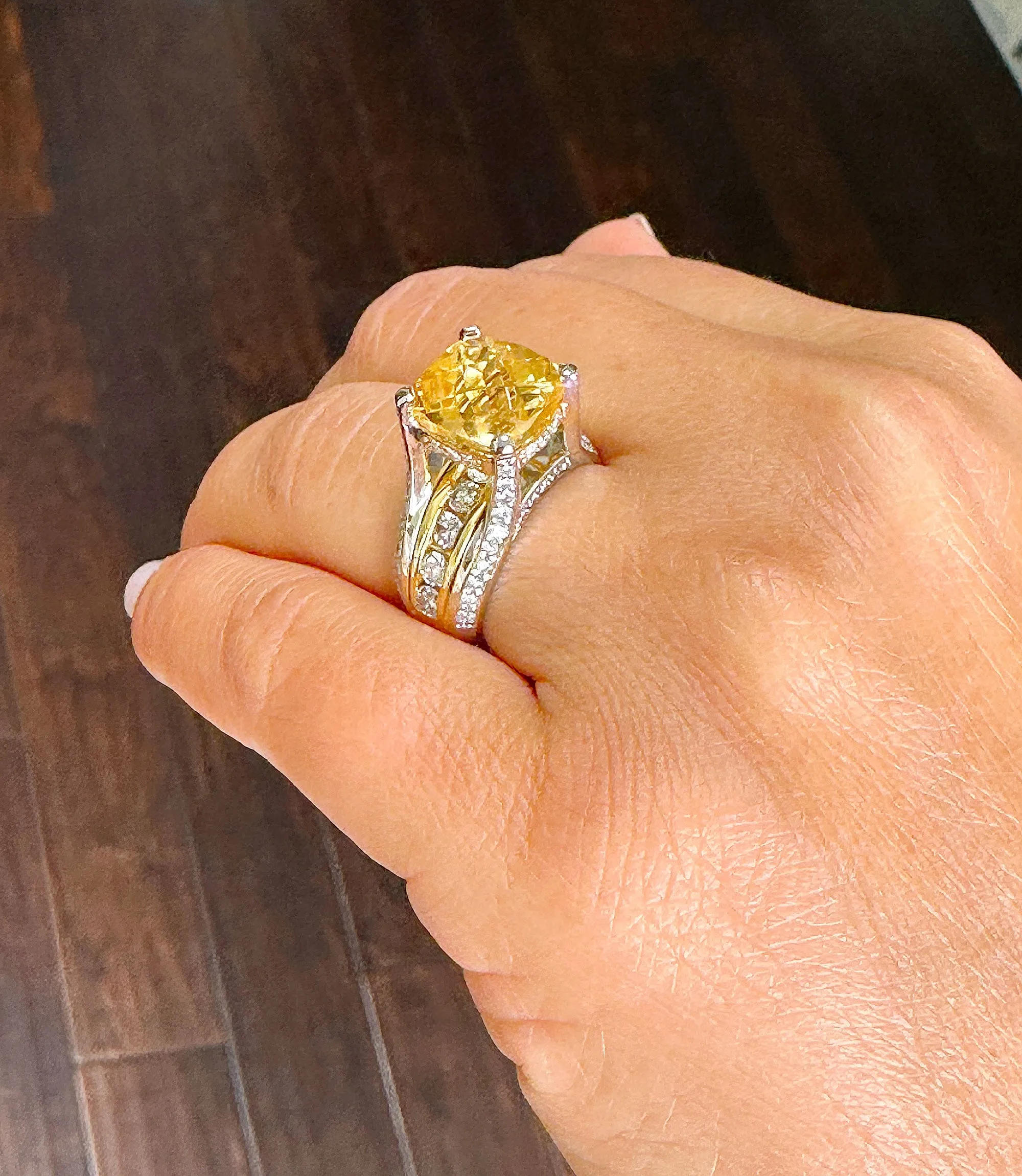 Huge, Women's 14k solid white and yellow gold cushion cut yellow citrine and natural diamond engagement ring Bridal Wedding 5.80ctw