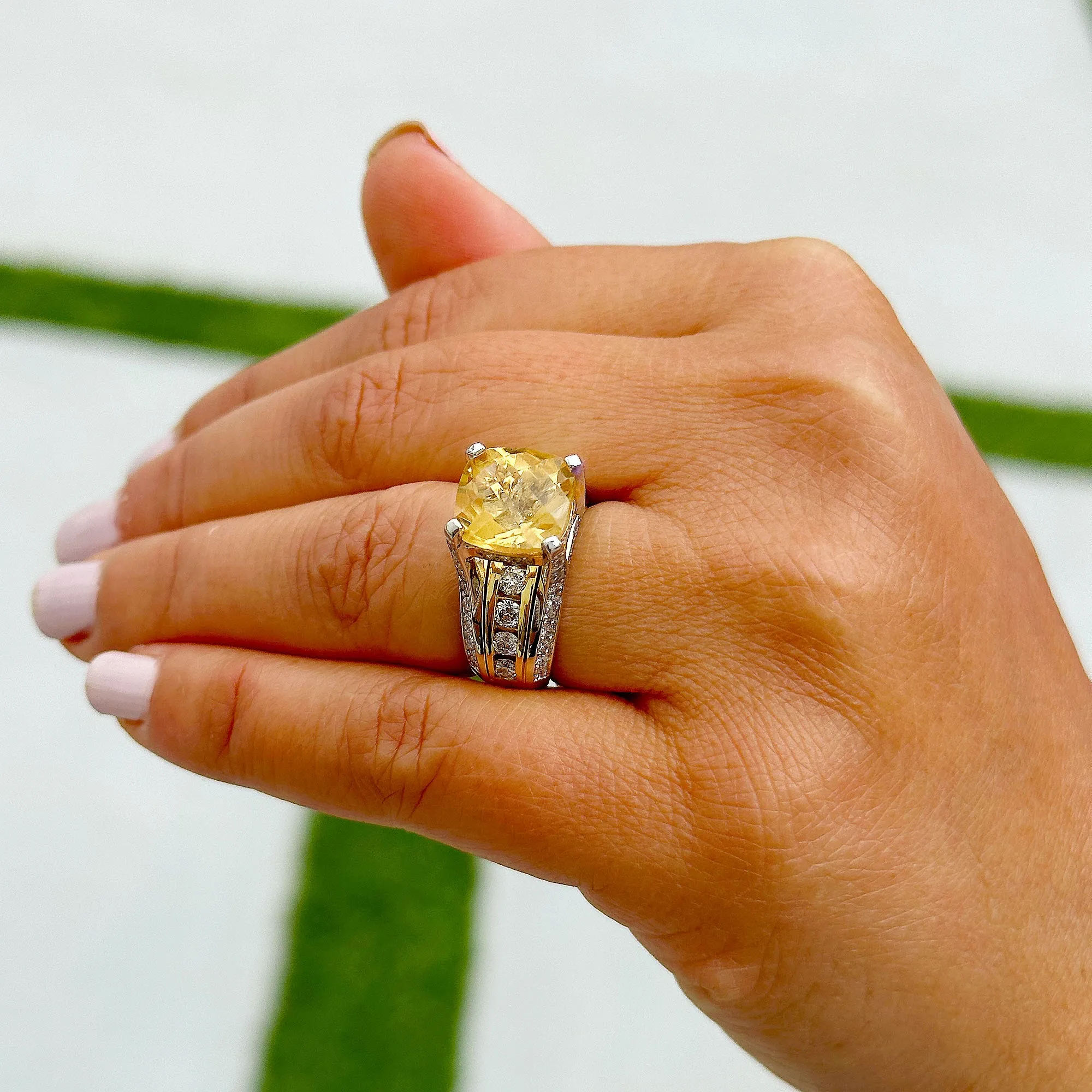 Huge, Women's 14k solid white and yellow gold cushion cut yellow citrine and natural diamond engagement ring Bridal Wedding 5.80ctw