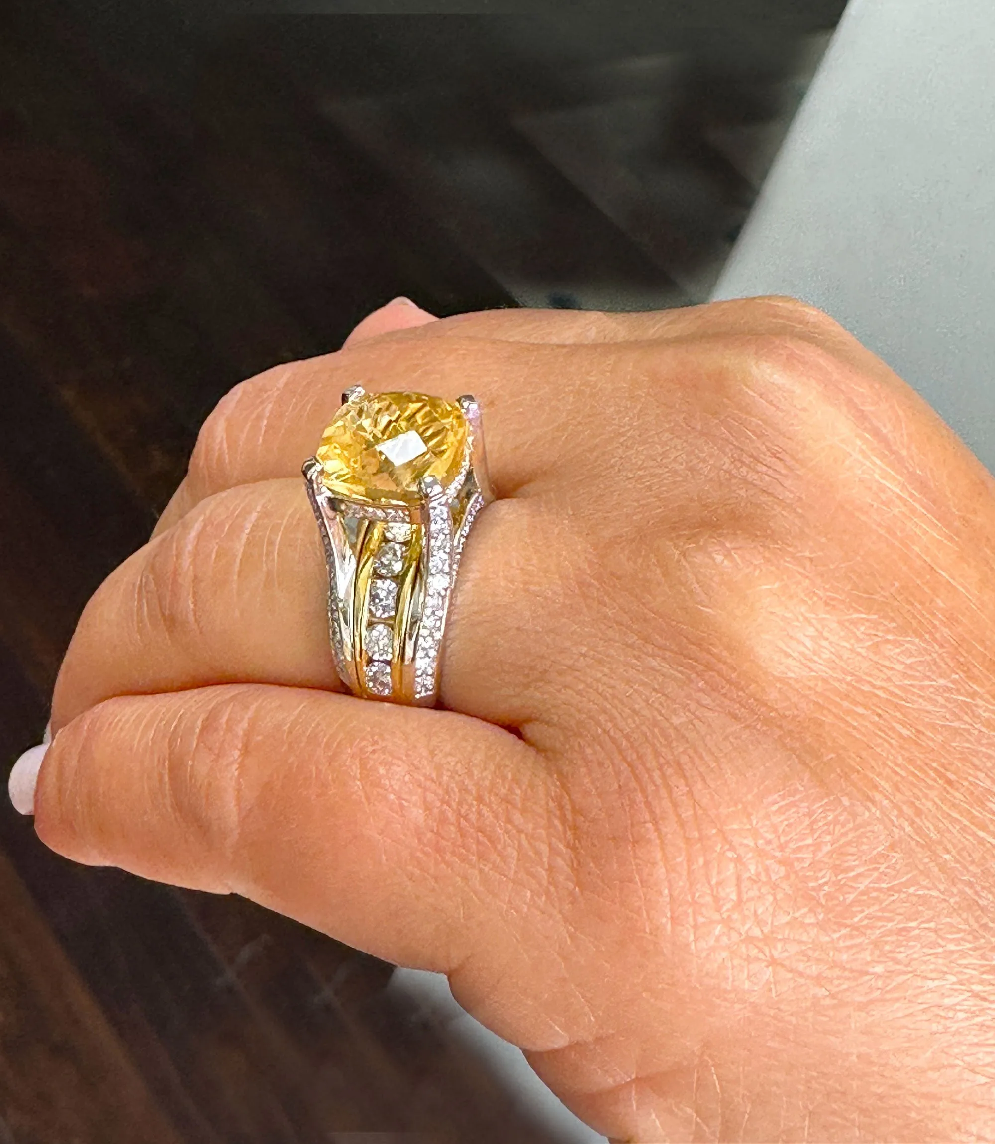 Huge, Women's 14k solid white and yellow gold cushion cut yellow citrine and natural diamond engagement ring Bridal Wedding 5.80ctw
