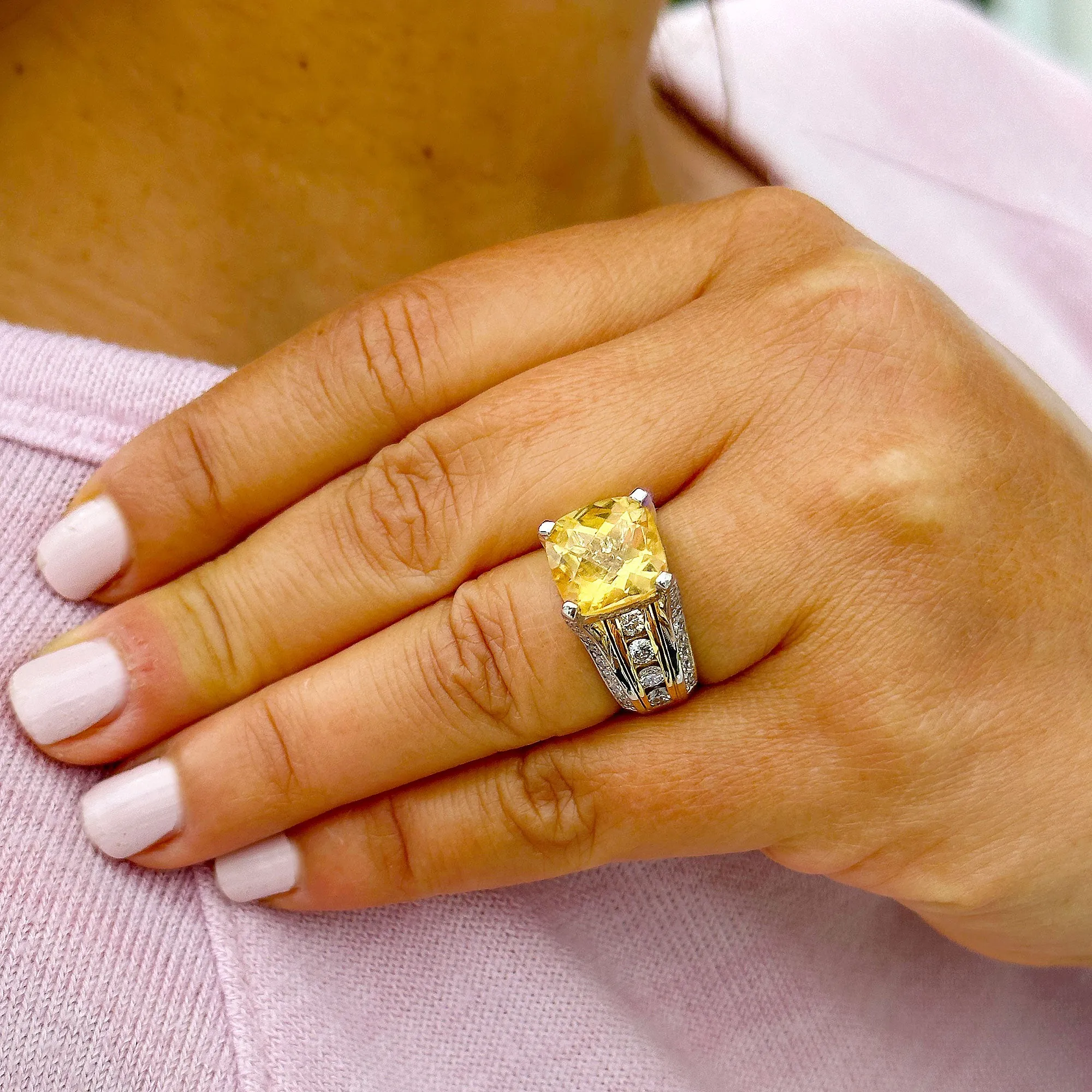 Huge, Women's 14k solid white and yellow gold cushion cut yellow citrine and natural diamond engagement ring Bridal Wedding 5.80ctw
