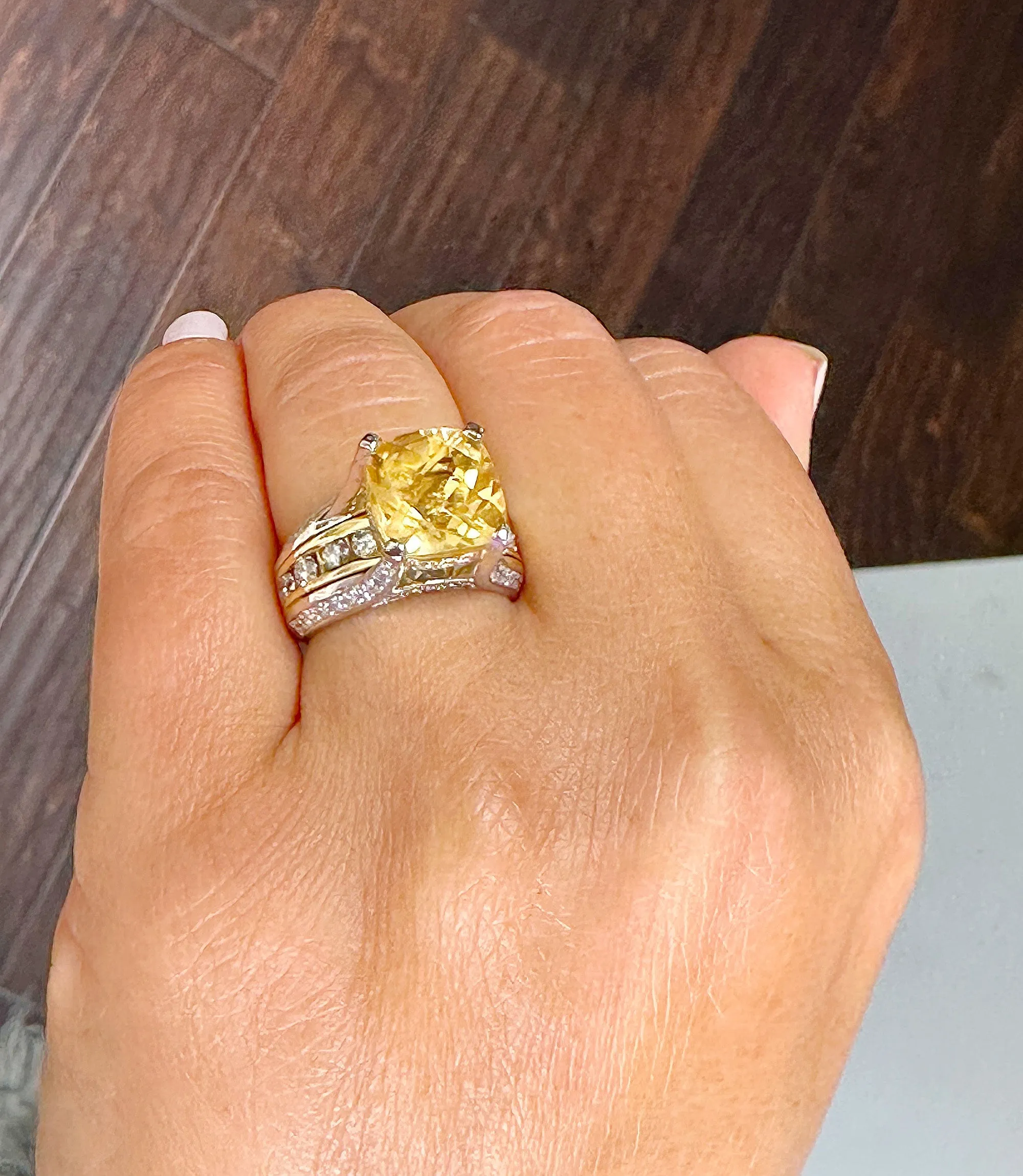 Huge, Women's 14k solid white and yellow gold cushion cut yellow citrine and natural diamond engagement ring Bridal Wedding 5.80ctw