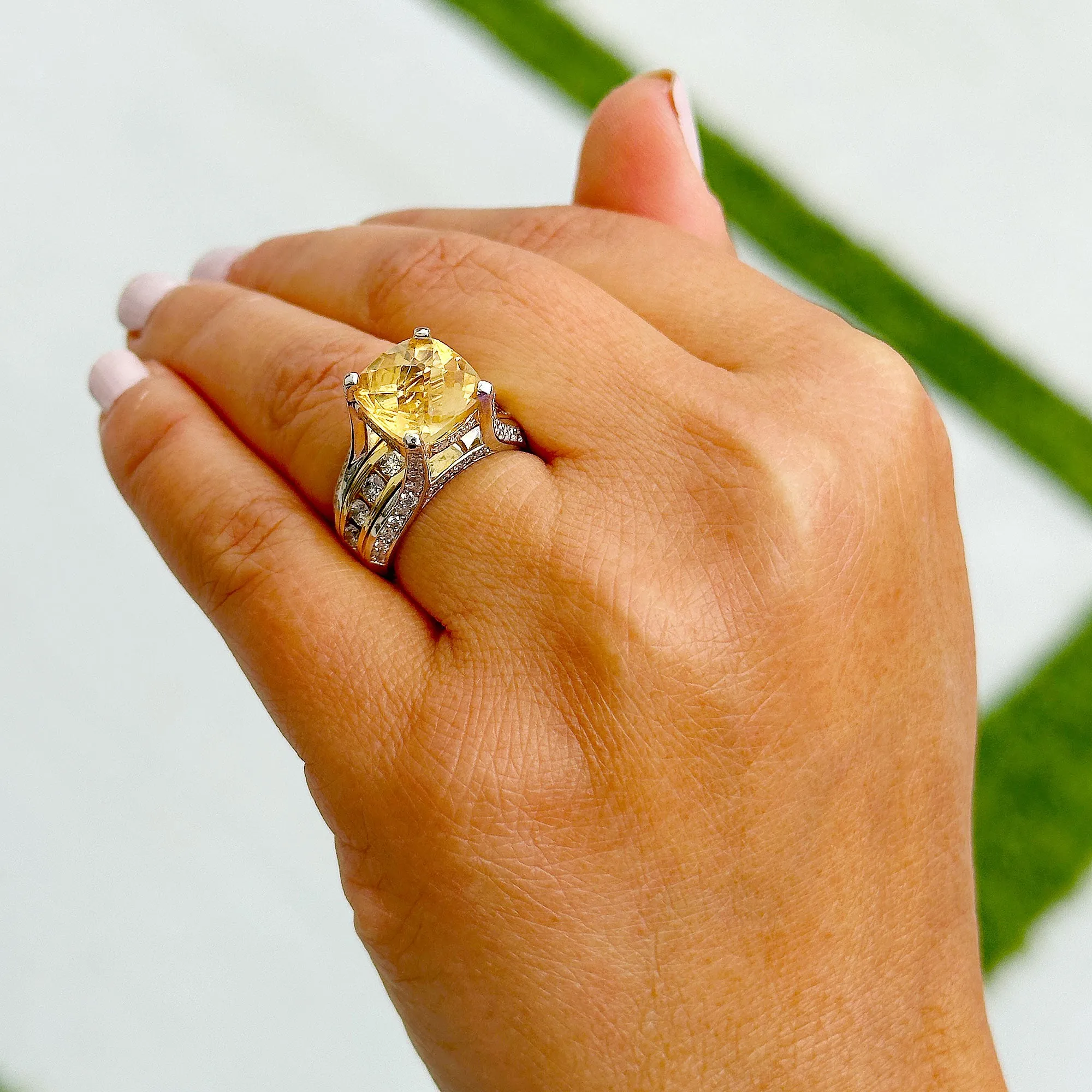 Huge, Women's 14k solid white and yellow gold cushion cut yellow citrine and natural diamond engagement ring Bridal Wedding 5.80ctw