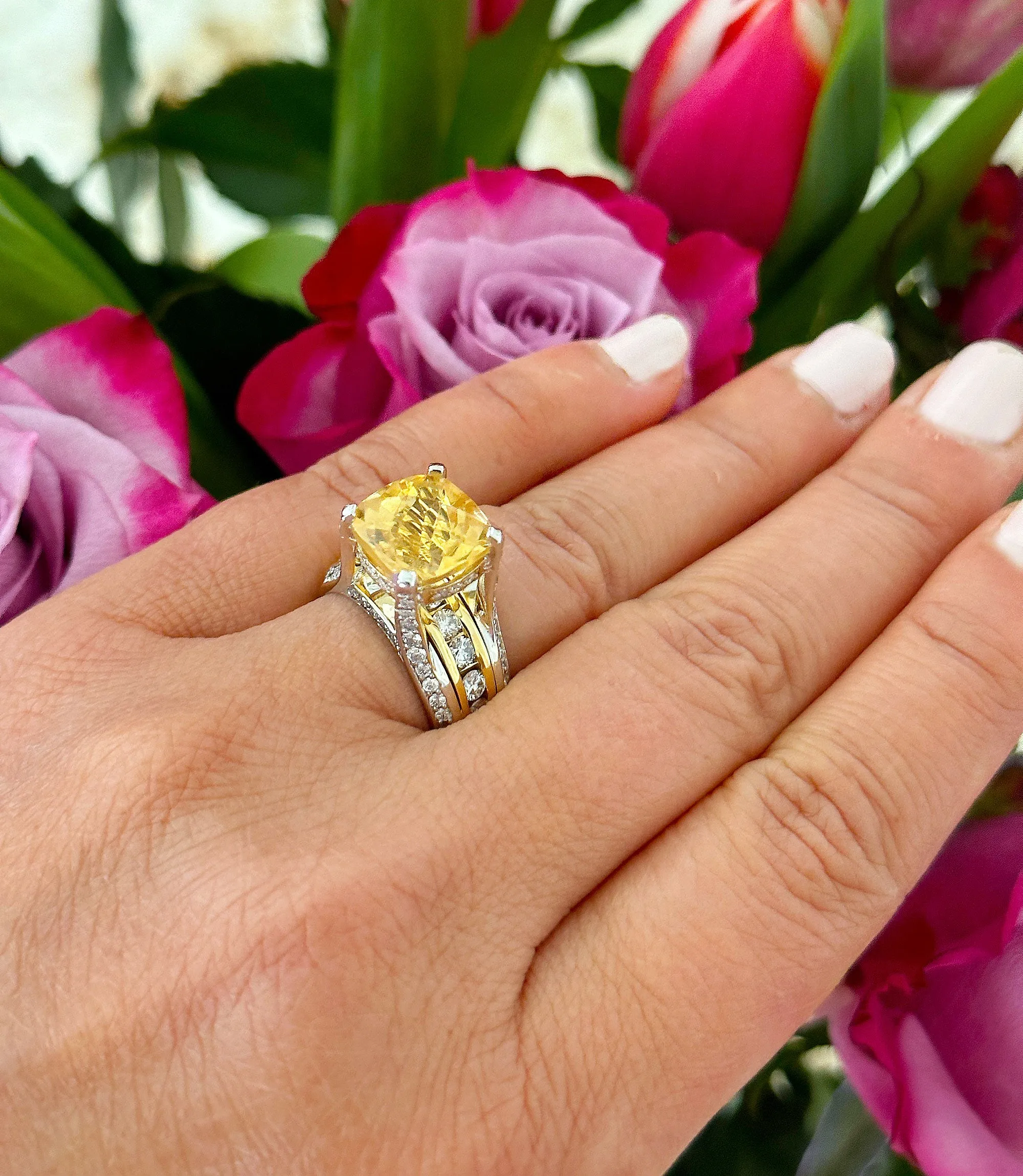 Huge, Women's 14k solid white and yellow gold cushion cut yellow citrine and natural diamond engagement ring Bridal Wedding 5.80ctw