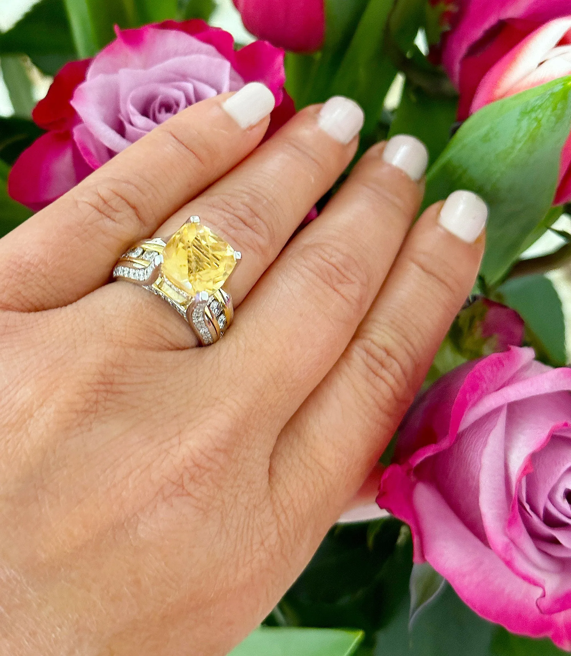 Huge, Women's 14k solid white and yellow gold cushion cut yellow citrine and natural diamond engagement ring Bridal Wedding 5.80ctw