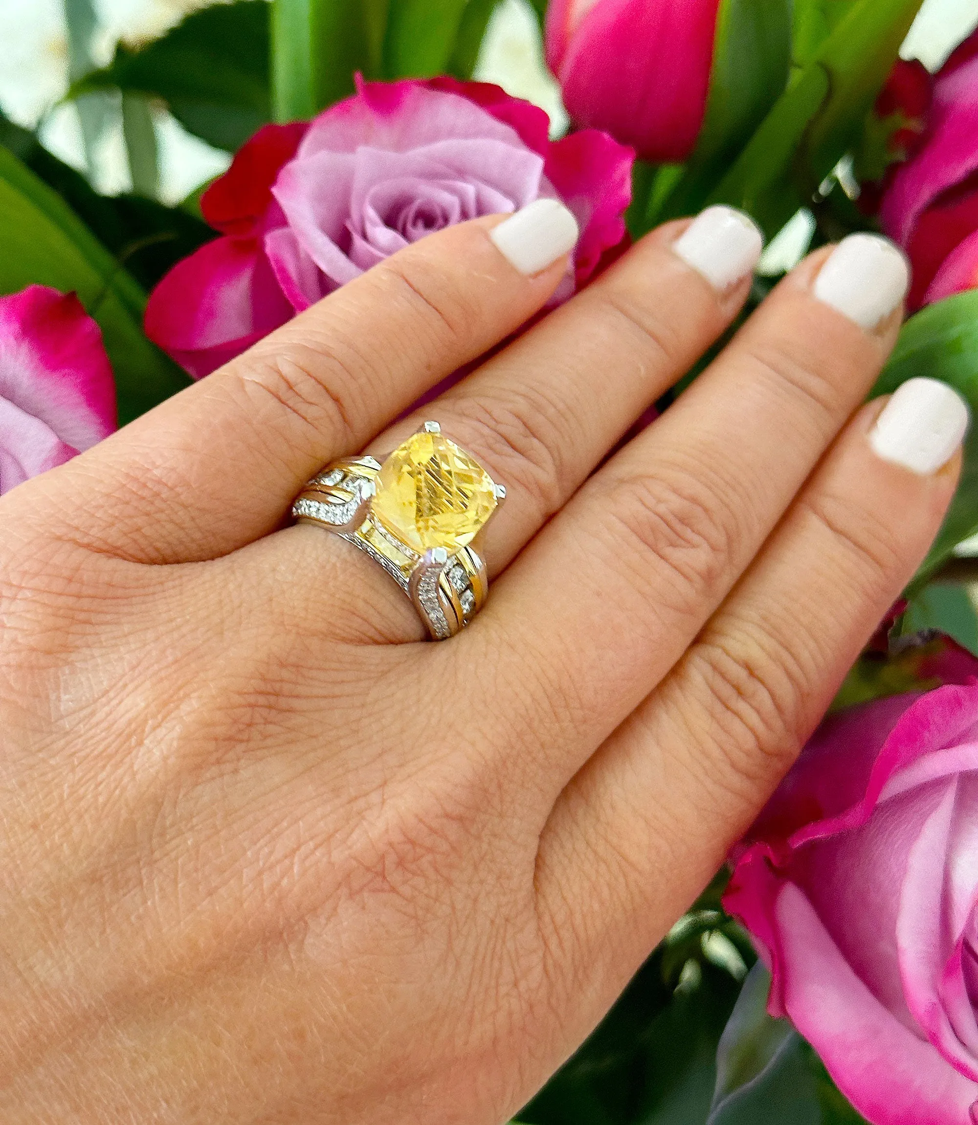 Huge, Women's 14k solid white and yellow gold cushion cut yellow citrine and natural diamond engagement ring Bridal Wedding 5.80ctw