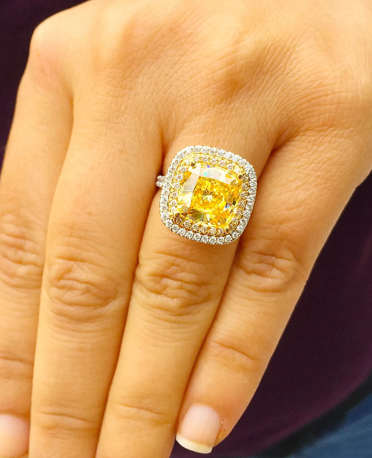 Huge Women's 14k solid white and yellow gold cushion cut yellow citrine and natural diamond engagement ring Bridal Wedding Halo 4.20ctw