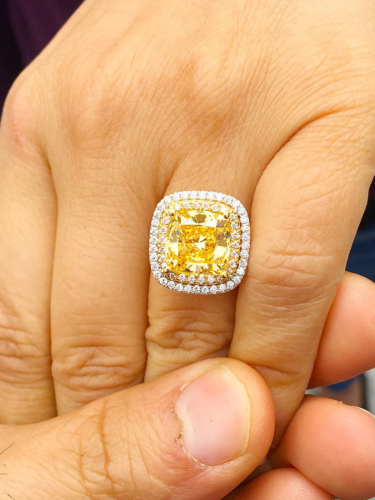 Huge Women's 14k solid white and yellow gold cushion cut yellow citrine and natural diamond engagement ring Bridal Wedding Halo 4.20ctw