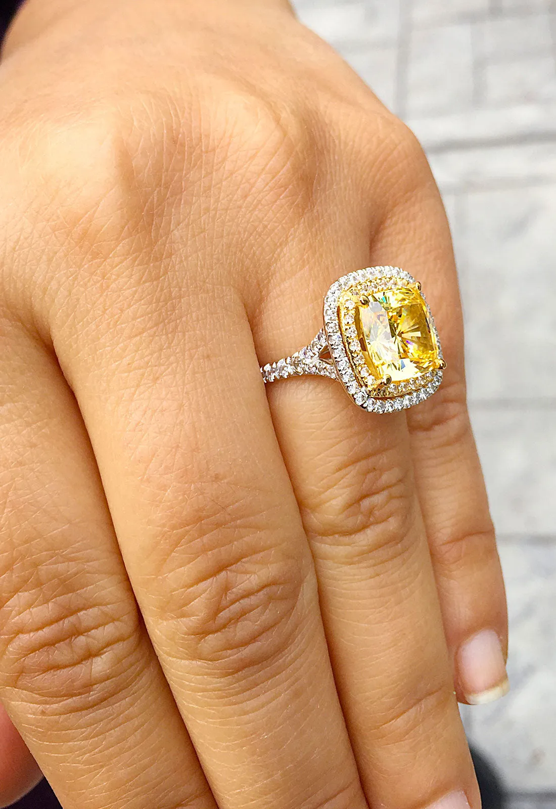 Huge Women's 14k solid white and yellow gold cushion cut yellow citrine and natural diamond engagement ring Bridal Wedding Halo 4.20ctw