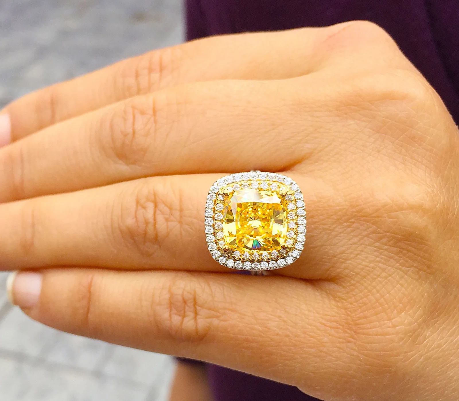 Huge Women's 14k solid white and yellow gold cushion cut yellow citrine and natural diamond engagement ring Bridal Wedding Halo 4.20ctw
