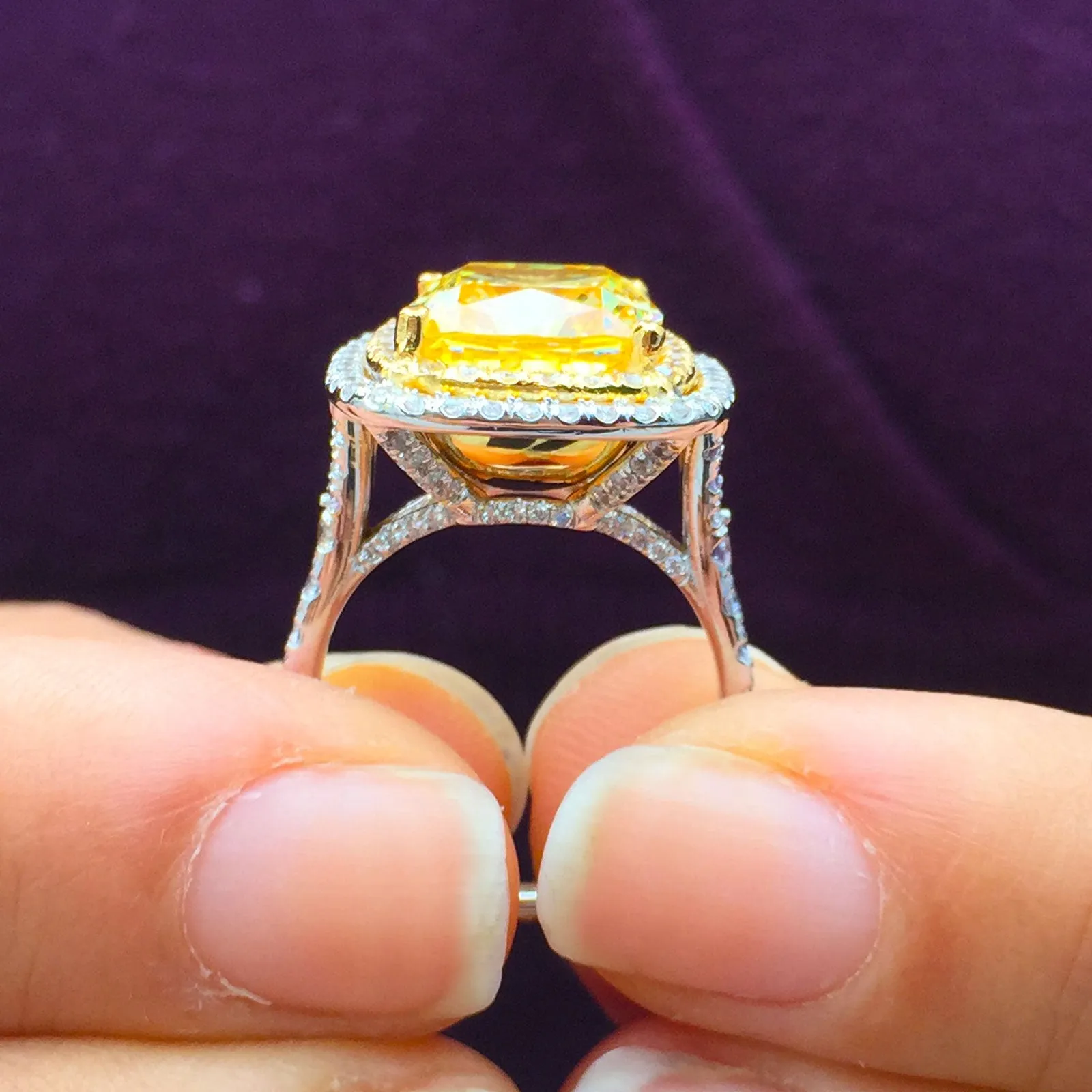 Huge Women's 14k solid white and yellow gold cushion cut yellow citrine and natural diamond engagement ring Bridal Wedding Halo 4.20ctw