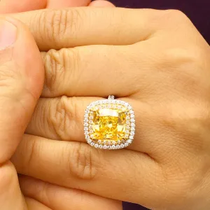Huge Women's 14k solid white and yellow gold cushion cut yellow citrine and natural diamond engagement ring Bridal Wedding Halo 4.20ctw