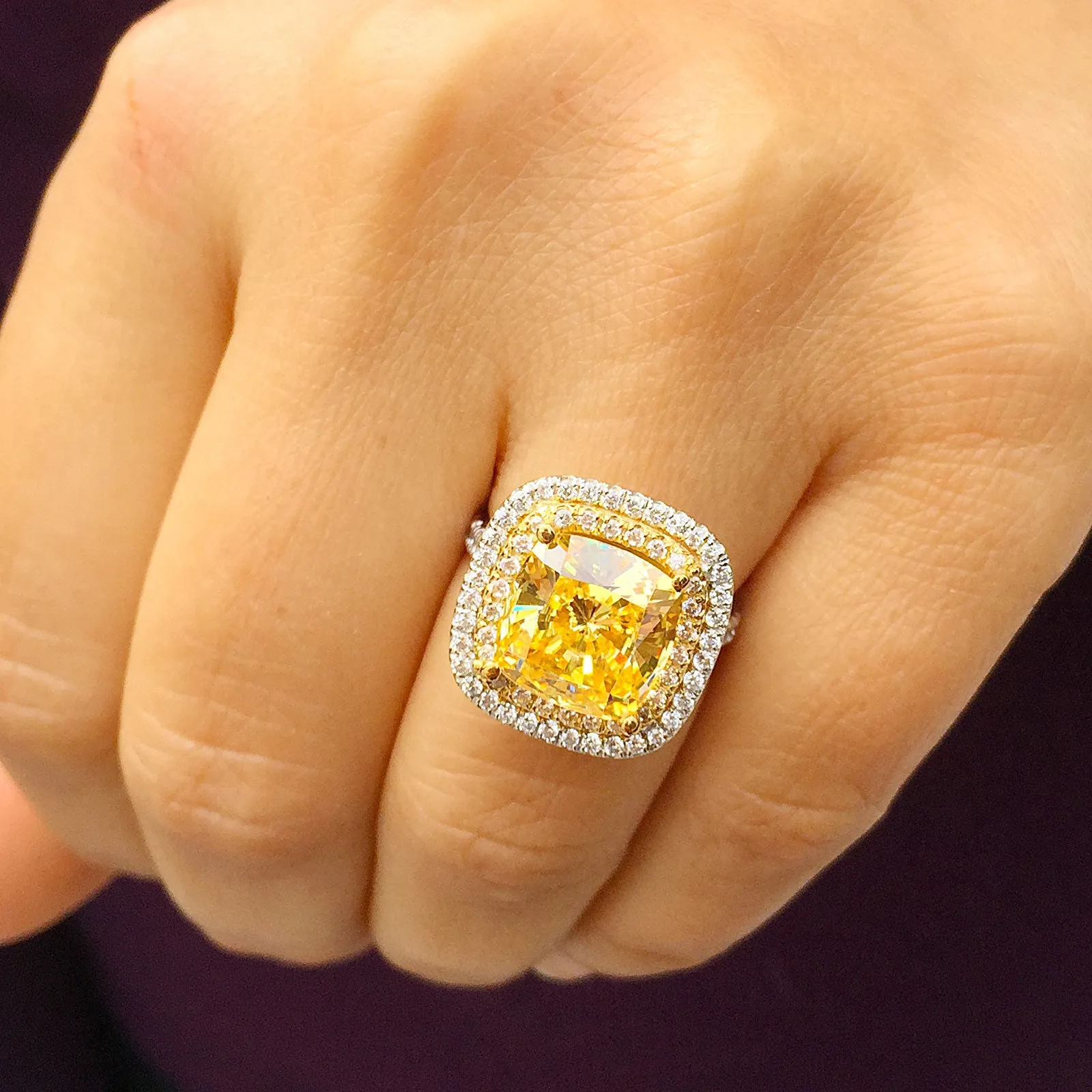 Huge Women's 14k solid white and yellow gold cushion cut yellow citrine and natural diamond engagement ring Bridal Wedding Halo 4.20ctw