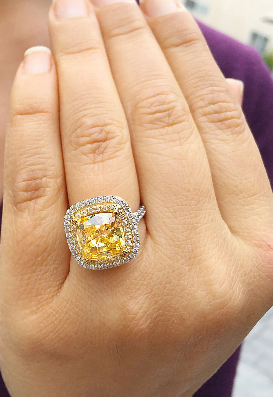 Huge Women's 14k solid white and yellow gold cushion cut yellow citrine and natural diamond engagement ring Bridal Wedding Halo 4.20ctw
