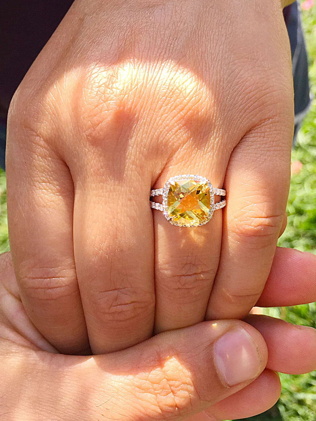 Huge Women's 14k solid white and yellow gold cushion cut yellow citrine and natural diamond engagement ring Bridal Wedding Halo 4.80ctw