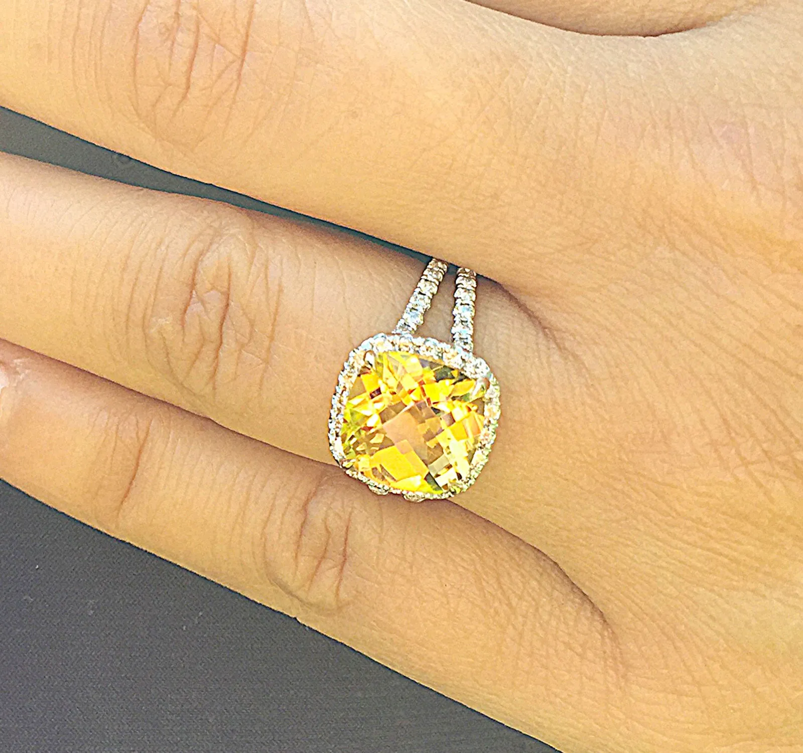 Huge Women's 14k solid white and yellow gold cushion cut yellow citrine and natural diamond engagement ring Bridal Wedding Halo 4.80ctw