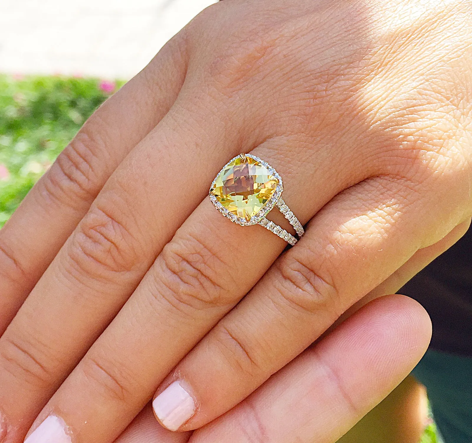 Huge Women's 14k solid white and yellow gold cushion cut yellow citrine and natural diamond engagement ring Bridal Wedding Halo 4.80ctw