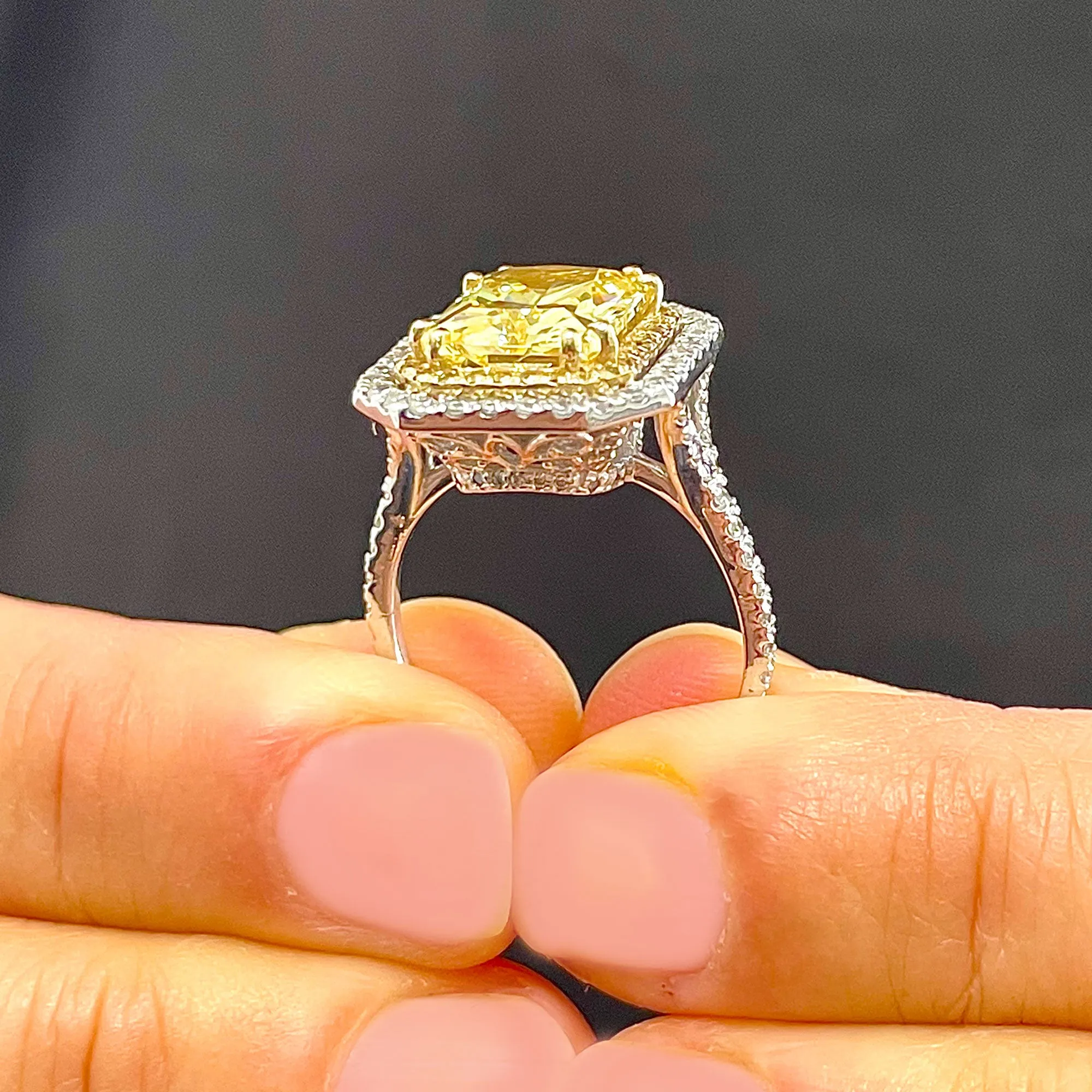 Huge Women's 14k solid white and yellow gold Light Fancy Yellow Radiant simulated and round cut natural diamond engagement ring Halo 6.00ct