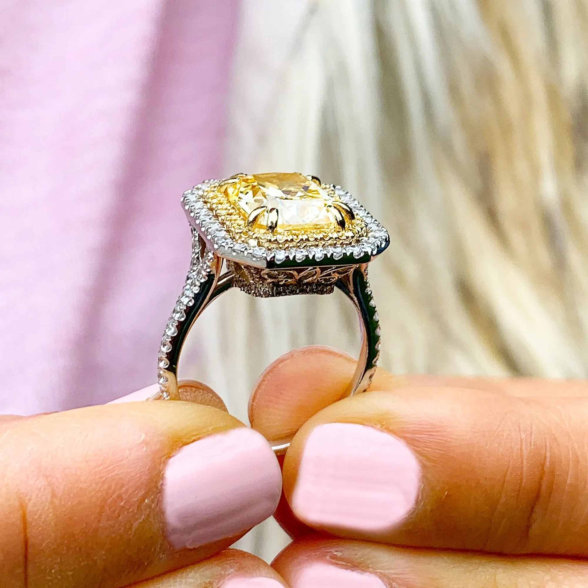 Huge Women's 14k solid white and yellow gold Light Fancy Yellow Radiant simulated and round cut natural diamond engagement ring Halo 6.00ct