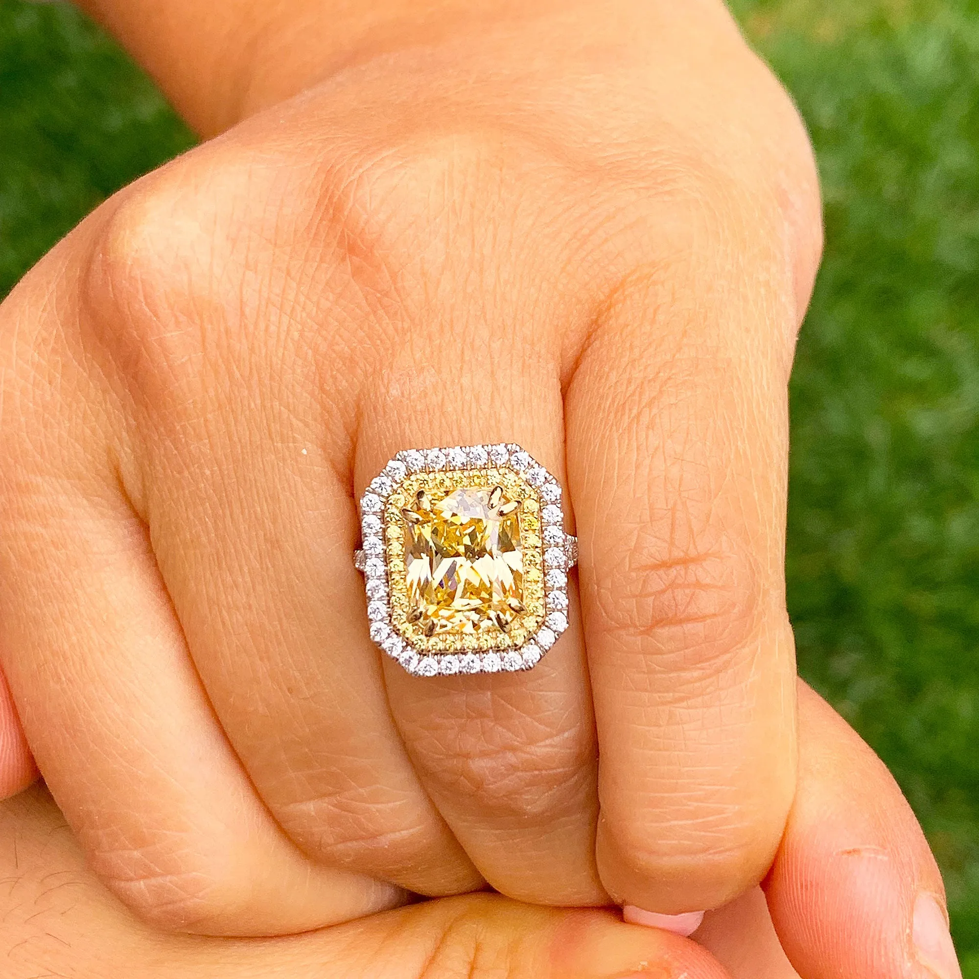 Huge Women's 14k solid white and yellow gold Light Fancy Yellow Radiant simulated and round cut natural diamond engagement ring Halo 6.00ct
